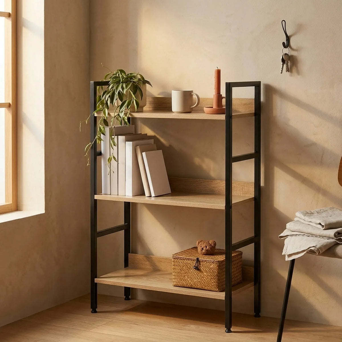 3 Tier Wood and Metal Bookshelf with Rustic Steel Frame - Brown - Furniture > Living Room > Bookcases & Shelves - Rivercity House & Home Co. (ABN 18 642 972 209) - Affordable Modern Furniture Australia