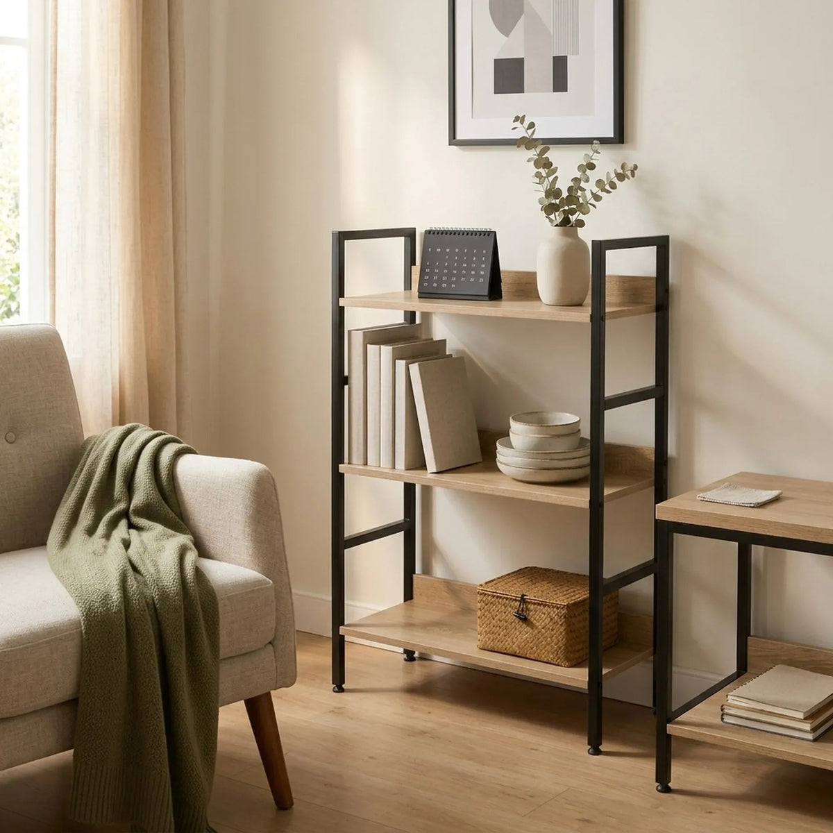 3 Tier Wood and Metal Bookshelf with Rustic Steel Frame - Brown - Furniture > Living Room > Bookcases & Shelves - Rivercity House & Home Co. (ABN 18 642 972 209) - Affordable Modern Furniture Australia