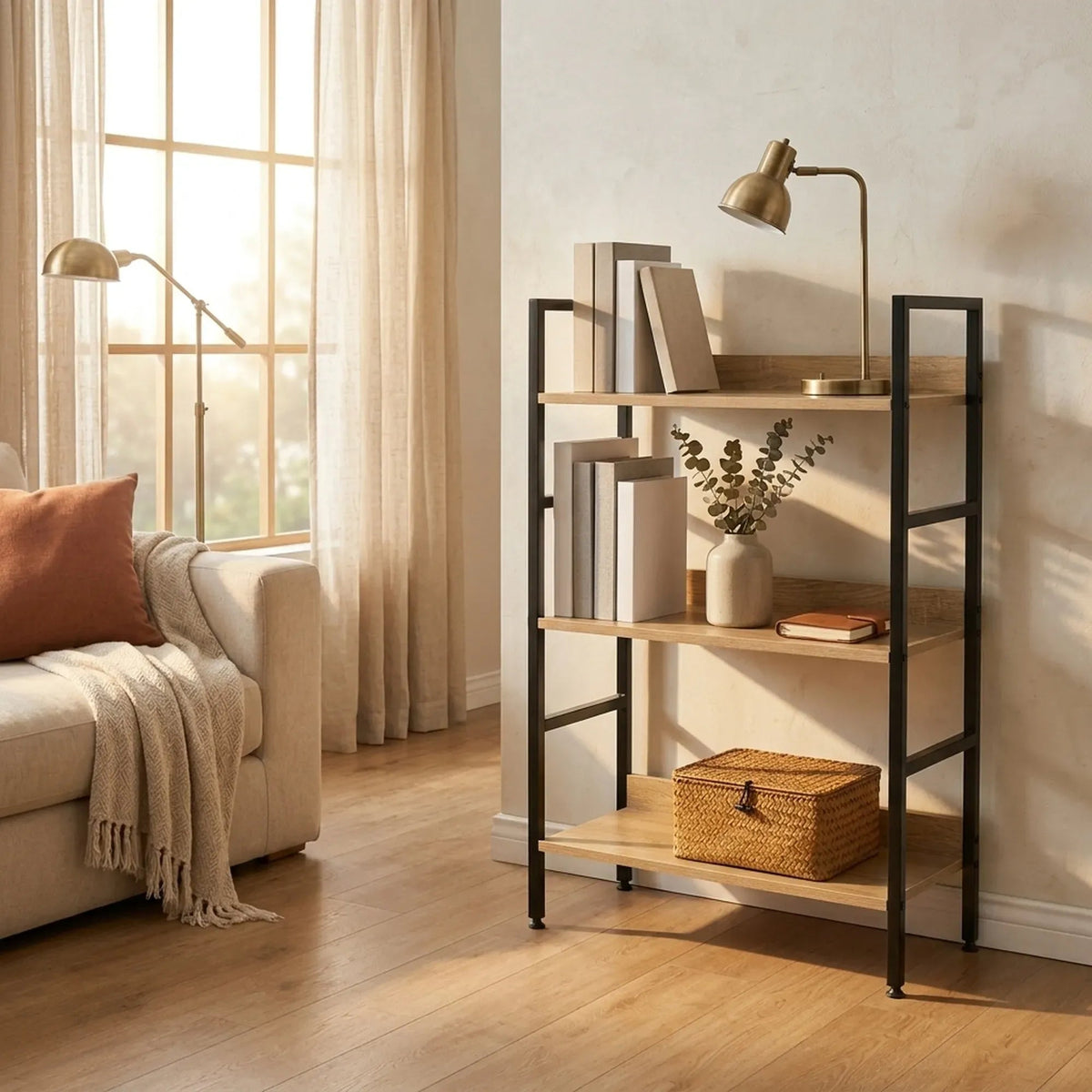 3 Tier Wood and Metal Bookshelf with Rustic Steel Frame - Brown - Furniture > Living Room > Bookcases & Shelves - Rivercity House & Home Co. (ABN 18 642 972 209) - Affordable Modern Furniture Australia