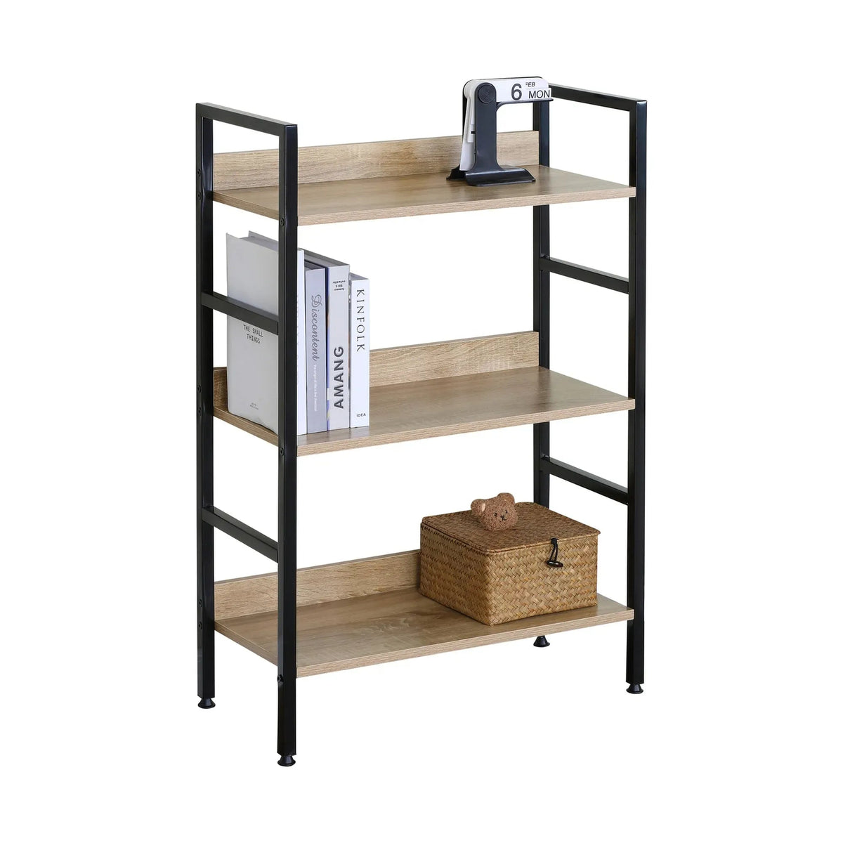 3 Tier Wood and Metal Bookshelf with Rustic Steel Frame - Brown - Furniture > Living Room > Bookcases & Shelves - Rivercity House & Home Co. (ABN 18 642 972 209) - Affordable Modern Furniture Australia