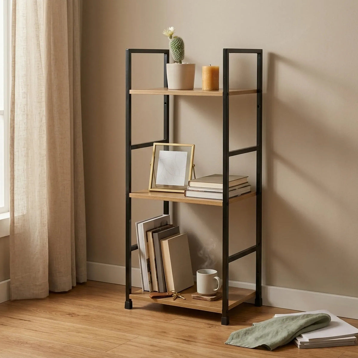 3 Tier Wood and Metal Display Bookshelf Rustic Steel - Brown - Furniture > Living Room > Bookcases & Shelves - Rivercity House & Home Co. (ABN 18 642 972 209) - Affordable Modern Furniture Australia
