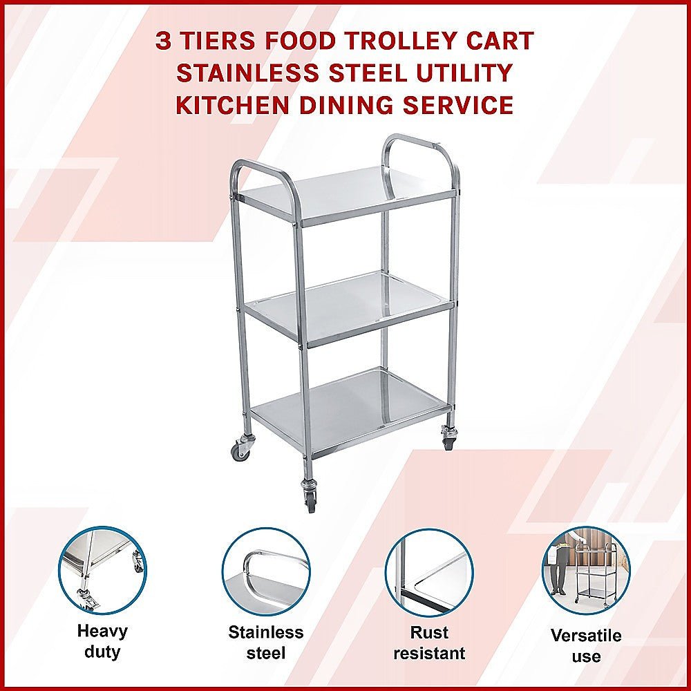 3 Tiers Food Trolley Cart Stainless Steel Utility Kitchen Dining Service - Home & Garden > Kitchenware > Kitchen Utensils - Rivercity House & Home Co. (ABN 18 642 972 209) - Affordable Modern Furniture Australia