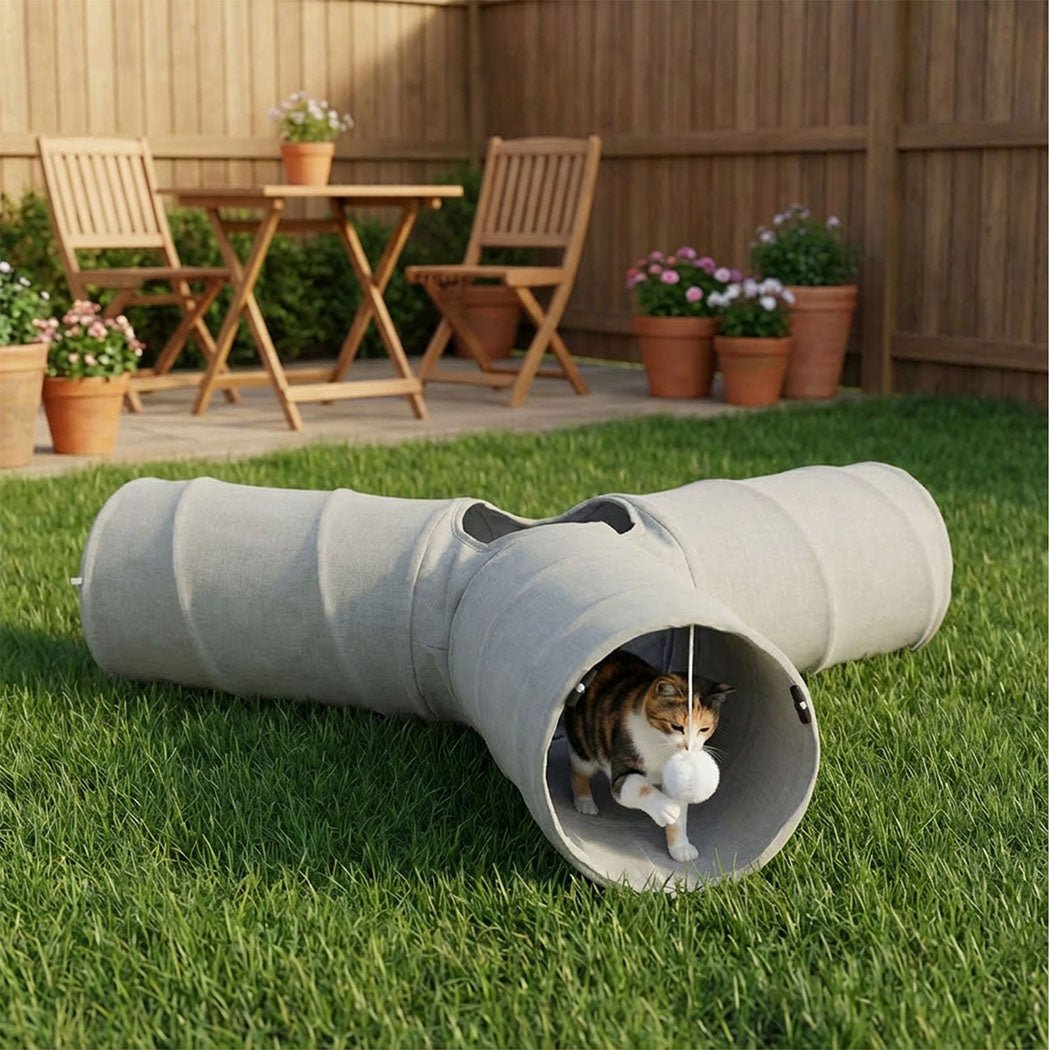 3 - Way Foldable Cat Tunnel Toy with 2 Hanging Balls - Grey - Rivercity House & Home Co. (ABN 18 642 972 209) - Affordable Modern Furniture Australia