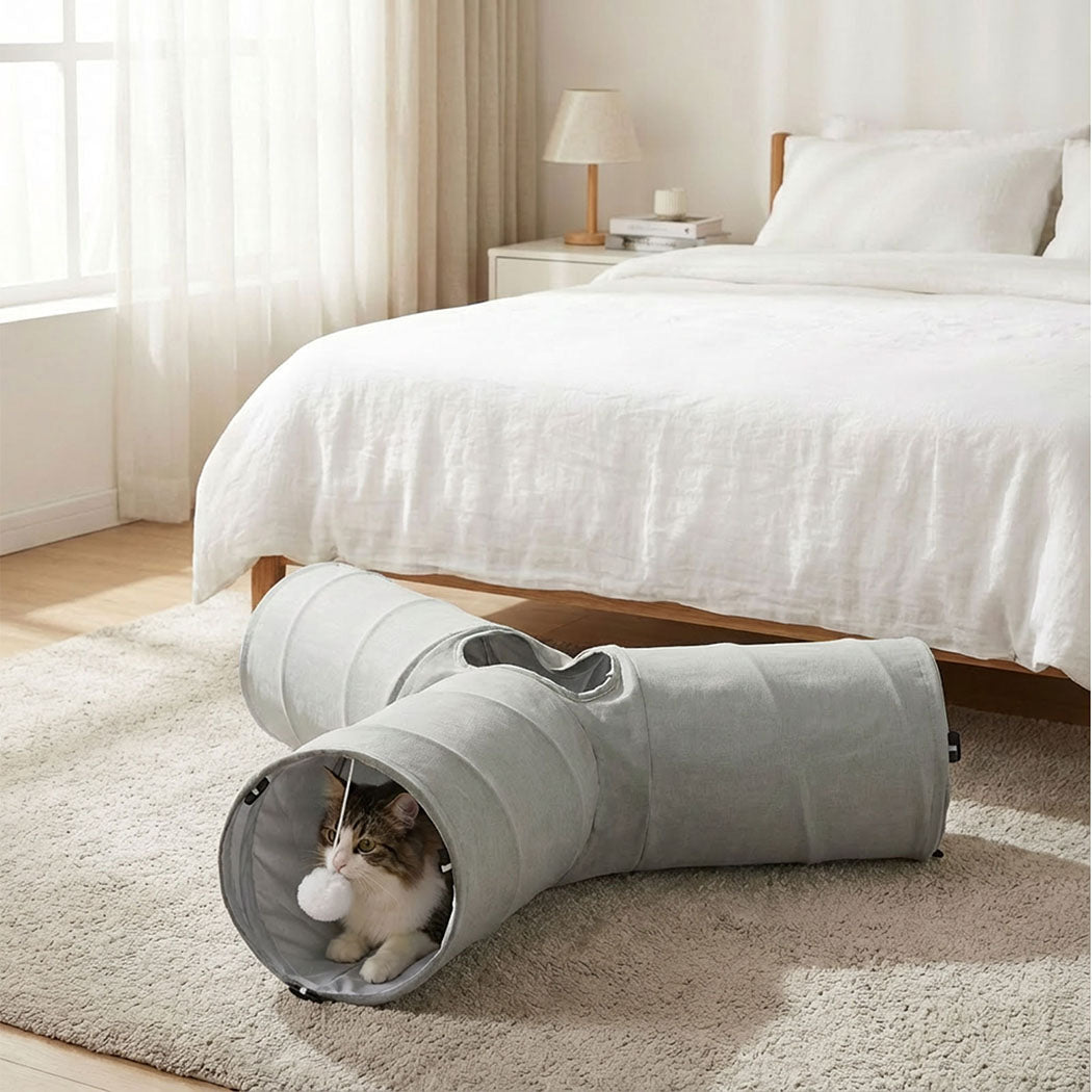3 - Way Foldable Cat Tunnel Toy with 2 Hanging Balls - Grey - Rivercity House & Home Co. (ABN 18 642 972 209) - Affordable Modern Furniture Australia