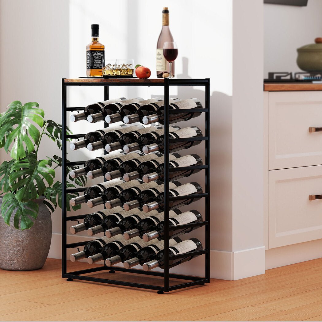 30 - Bottle 6 - Tier Freestanding Wine Rack with Top Shelf - Black and Brown - Rivercity House & Home Co. (ABN 18 642 972 209) - Affordable Modern Furniture Australia