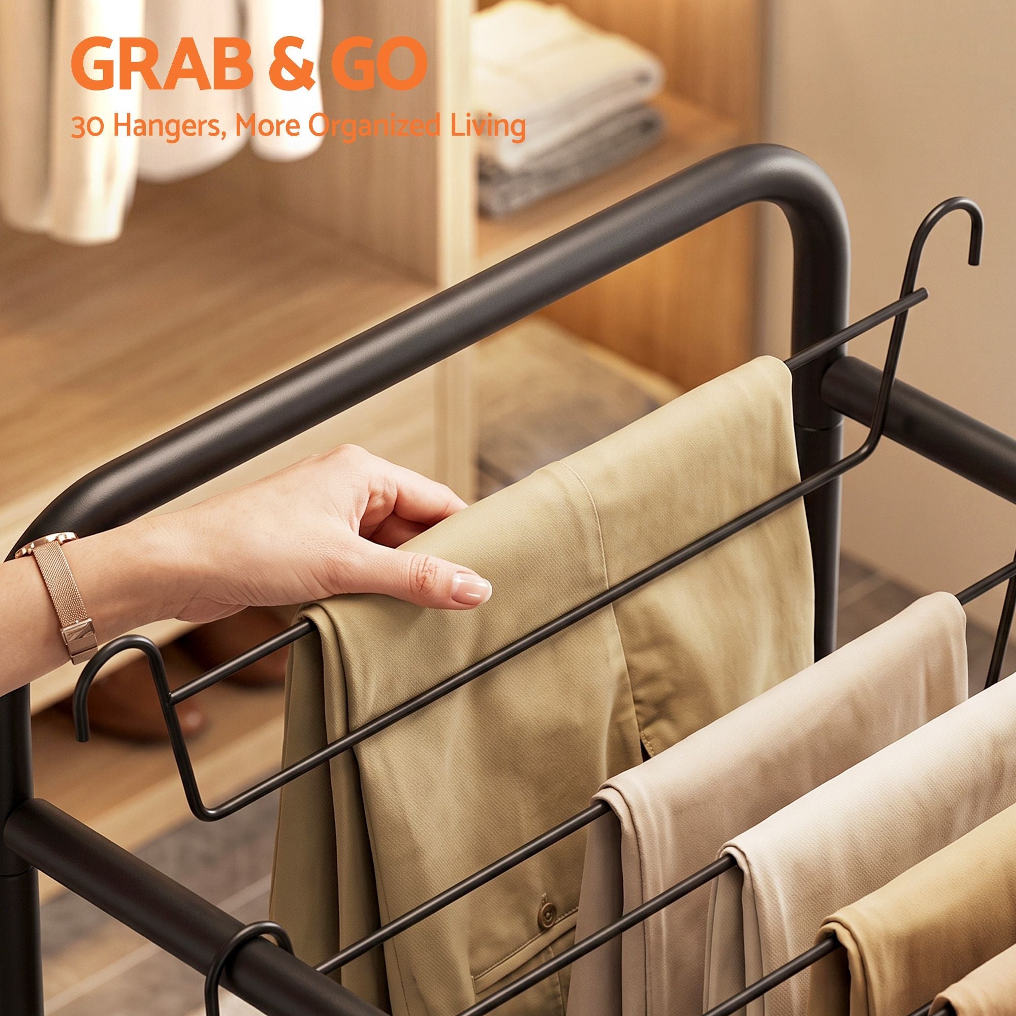 30-Hanger Mobile Pants Trolley Clothes Rack with Wheels and Storage Bag - Black - Furniture > Living Room > Coat Racks - Rivercity House & Home Co. (ABN 18 642 972 209) - Affordable Modern Furniture Australia