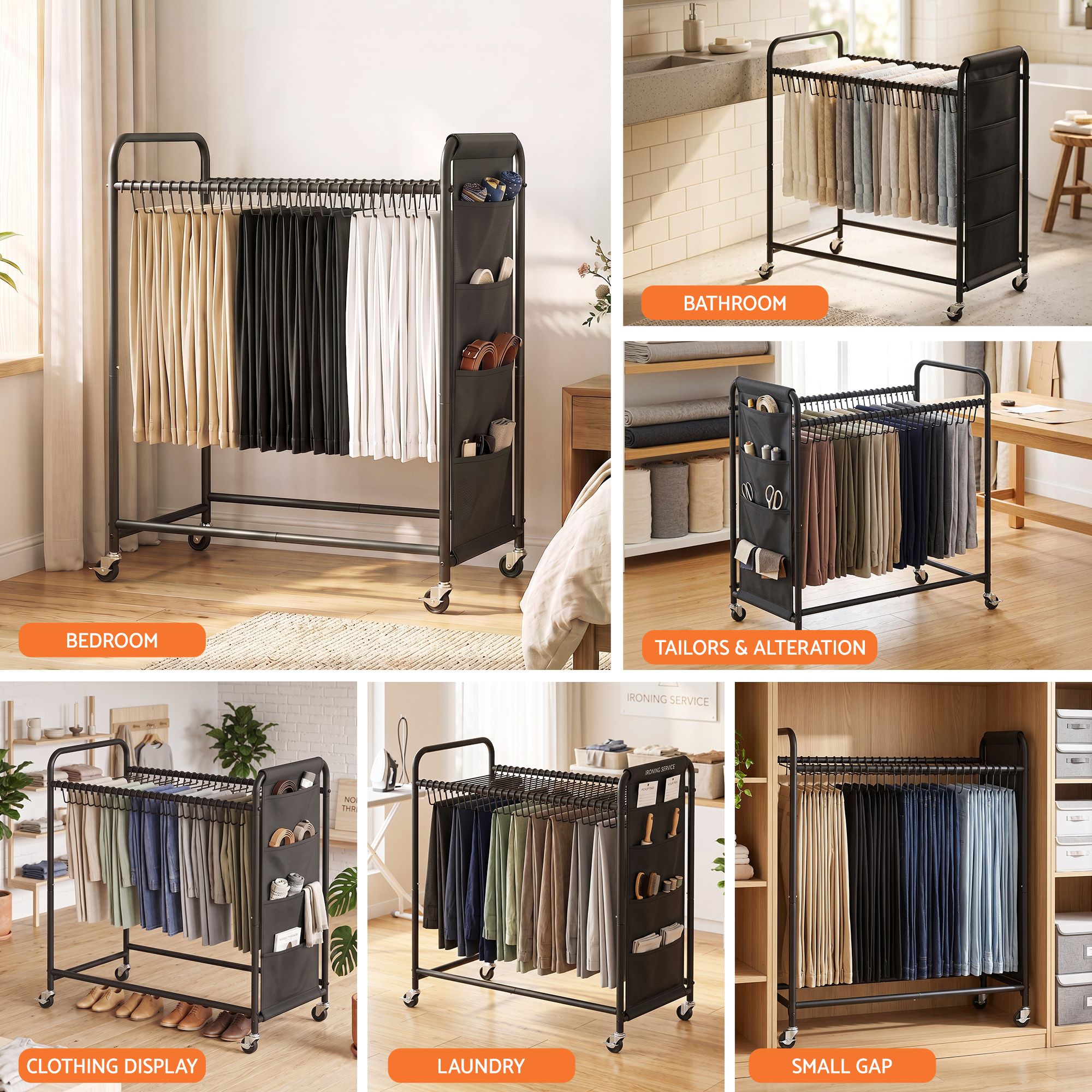 30-Hanger Mobile Pants Trolley Clothes Rack with Wheels and Storage Bag - Black - Furniture > Living Room > Coat Racks - Rivercity House & Home Co. (ABN 18 642 972 209) - Affordable Modern Furniture Australia