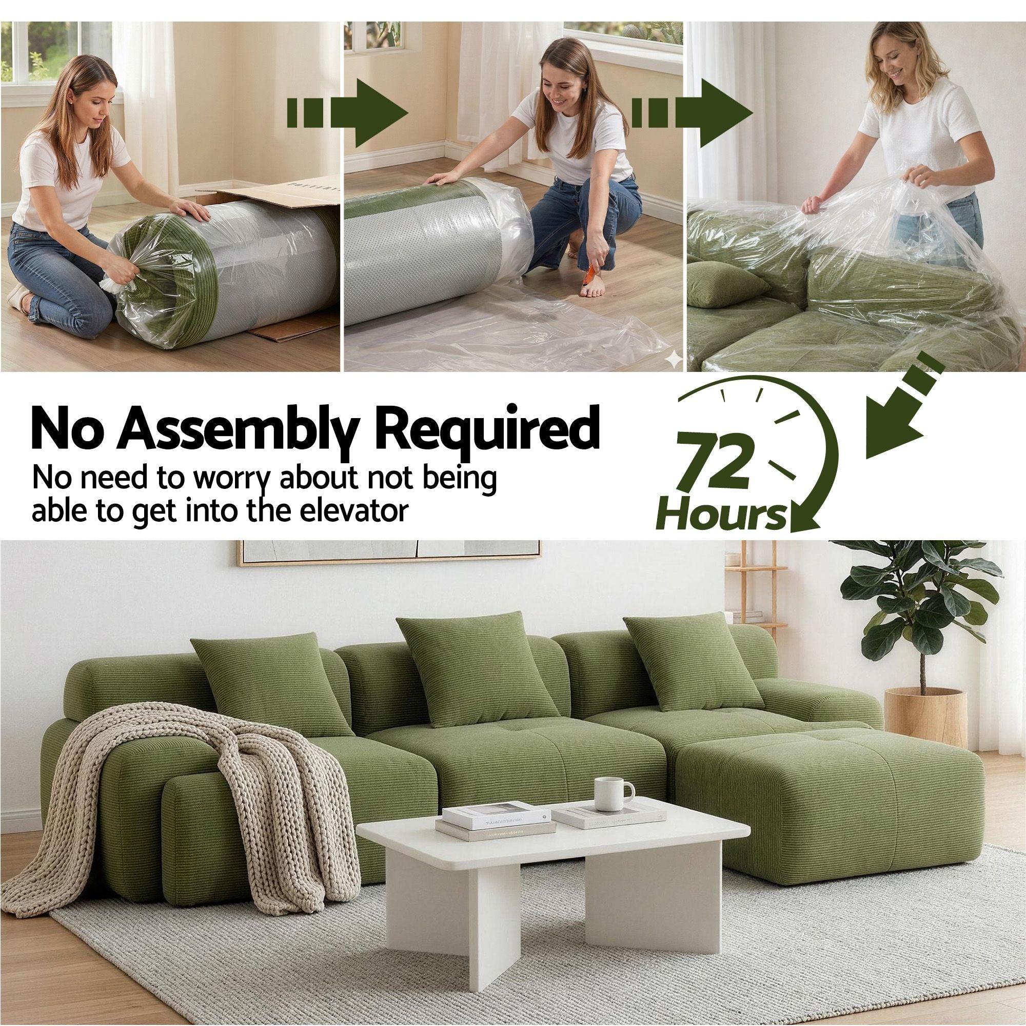 300cm Modular Sofa Bed Comfort L - Shaped Sectional Boneless Couch Green - Furniture > Sofas > Sofas & Sofa Beds - Rivercity House & Home Co. (ABN 18 642 972 209) - Affordable Modern Furniture Australia