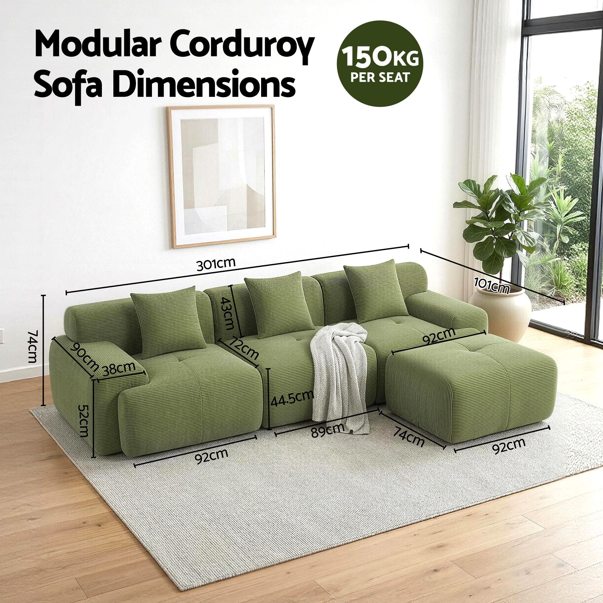 300cm Modular Sofa Bed Comfort L - Shaped Sectional Boneless Couch Green - Furniture > Sofas > Sofas & Sofa Beds - Rivercity House & Home Co. (ABN 18 642 972 209) - Affordable Modern Furniture Australia