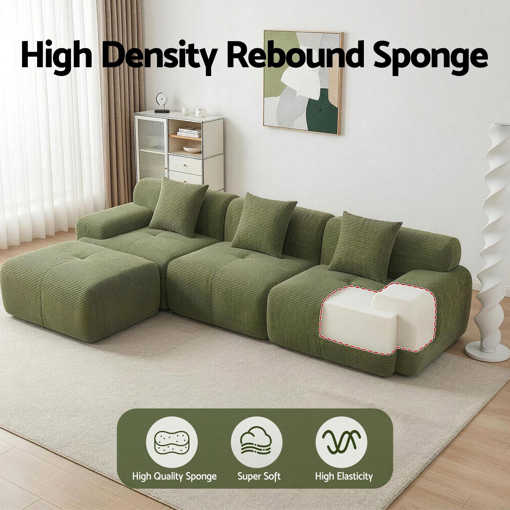 300cm Modular Sofa Bed Comfort L - Shaped Sectional Boneless Couch Green - Furniture > Sofas > Sofas & Sofa Beds - Rivercity House & Home Co. (ABN 18 642 972 209) - Affordable Modern Furniture Australia