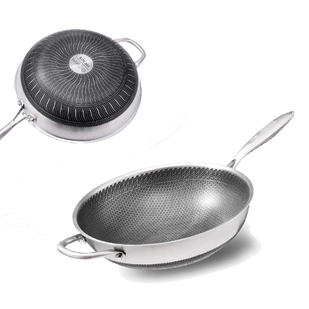 304 Stainless Steel 32cm Non - Stick Stir Fry Cooking Kitchen Wok Pan with Lid Honeycomb Double Sided - Home & Garden > Kitchenware - Rivercity House & Home Co. (ABN 18 642 972 209) - Affordable Modern Furniture Australia