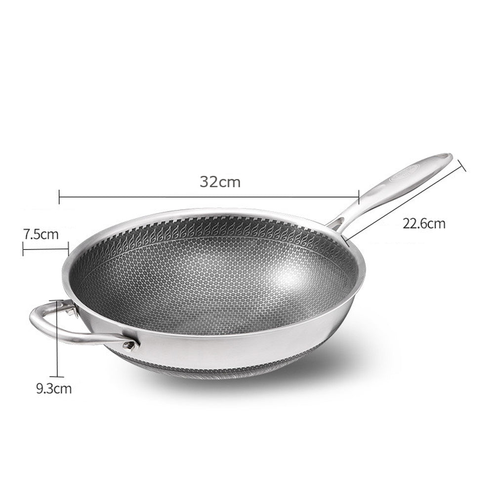 304 Stainless Steel 32cm Non - Stick Stir Fry Cooking Kitchen Wok Pan with Lid Honeycomb Double Sided - Home & Garden > Kitchenware - Rivercity House & Home Co. (ABN 18 642 972 209) - Affordable Modern Furniture Australia