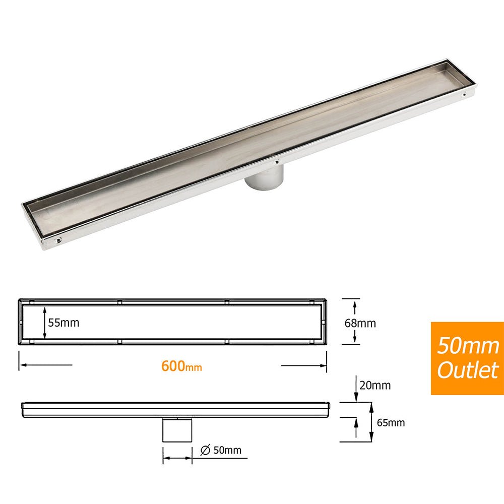 304 Stainless Steel 600mm Tile Insert Linear Shower Grate Floor Drain 50mm Waste - Furniture > Bathroom > Shower Heads & Screens - Rivercity House & Home Co. (ABN 18 642 972 209) - Affordable Modern Furniture Australia