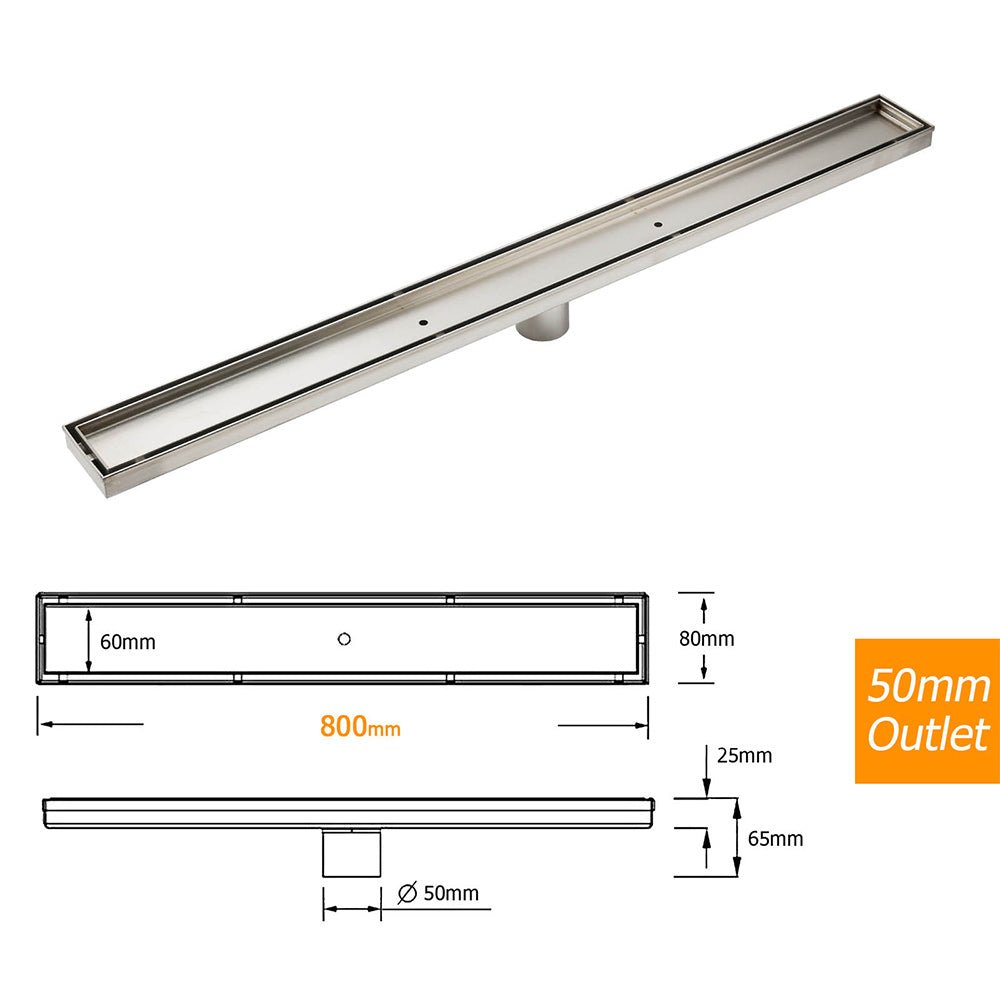 304 Stainless Steel 800mm Tile Insert Linear Shower Grate Floor Drain 50mm Waste - Furniture > Bathroom > Shower Heads & Screens - Rivercity House & Home Co. (ABN 18 642 972 209) - Affordable Modern Furniture Australia