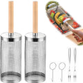 304 Stainless Steel Rolling Grill Basket Set with Removable Handle for Vegetables and Shrimp - Silver