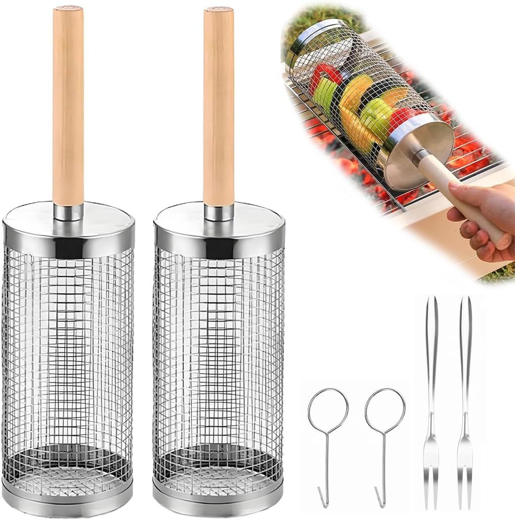304 Stainless Steel Rolling Grill Basket Set with Removable Handle for Vegetables and Shrimp - Silver - Home & Garden > BBQ > BBQs & Accessories - Rivercity House & Home Co. (ABN 18 642 972 209) - Affordable Modern Furniture Australia