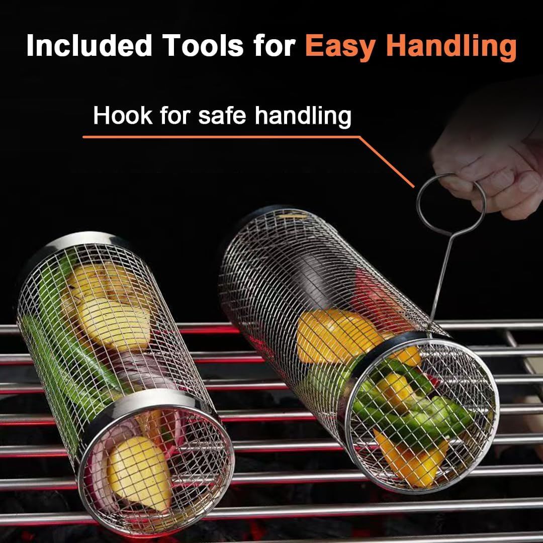 304 Stainless Steel Rolling Grill Basket Set with Removable Handle for Vegetables and Shrimp - Silver - Home & Garden > BBQ > BBQs & Accessories - Rivercity House & Home Co. (ABN 18 642 972 209) - Affordable Modern Furniture Australia