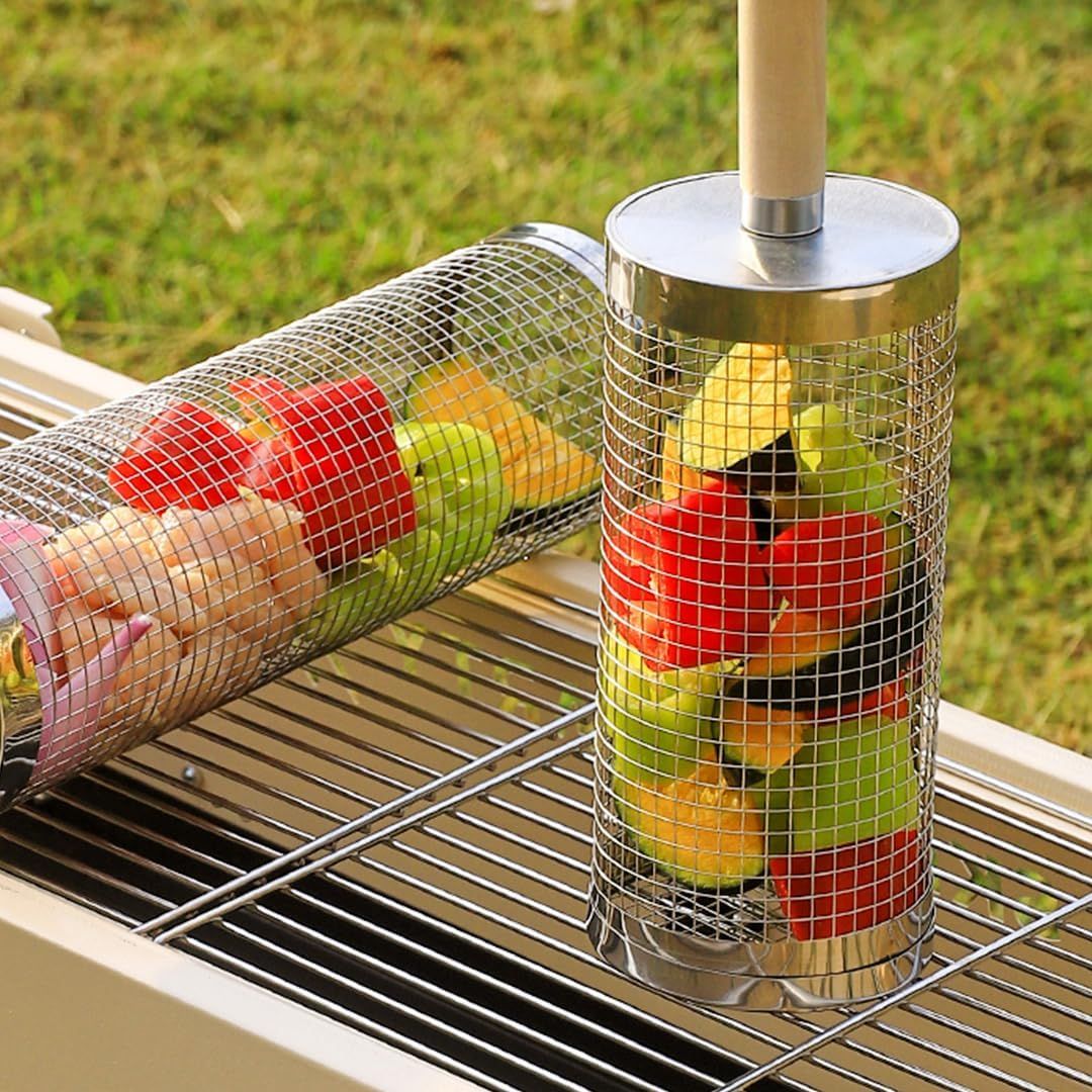 304 Stainless Steel Rolling Grill Basket Set with Removable Handle for Vegetables and Shrimp - Silver - Home & Garden > BBQ > BBQs & Accessories - Rivercity House & Home Co. (ABN 18 642 972 209) - Affordable Modern Furniture Australia