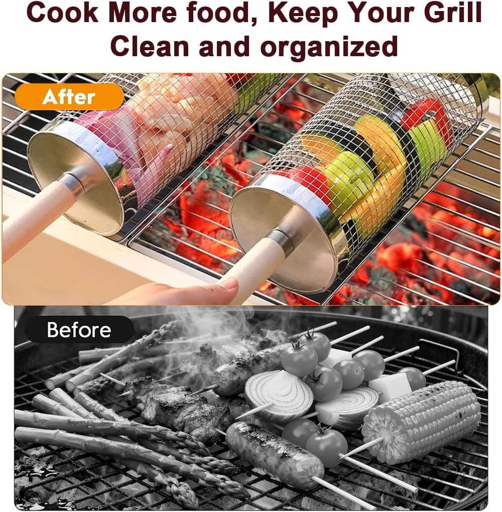 304 Stainless Steel Rolling Grill Basket Set with Removable Handle for Vegetables and Shrimp - Silver - Home & Garden > BBQ > BBQs & Accessories - Rivercity House & Home Co. (ABN 18 642 972 209) - Affordable Modern Furniture Australia