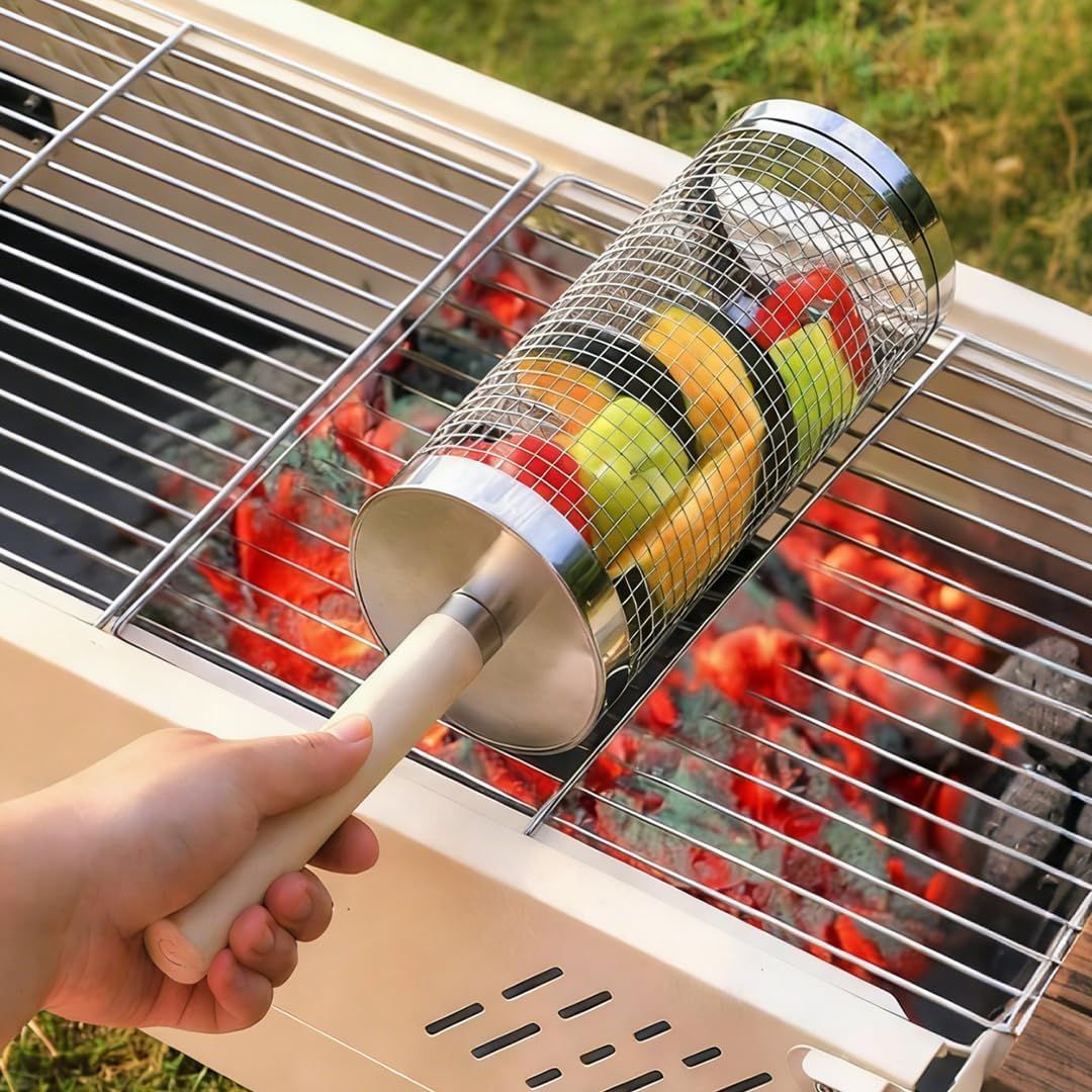304 Stainless Steel Rolling Grill Basket Set with Removable Handle for Vegetables and Shrimp - Silver - Home & Garden > BBQ > BBQs & Accessories - Rivercity House & Home Co. (ABN 18 642 972 209) - Affordable Modern Furniture Australia