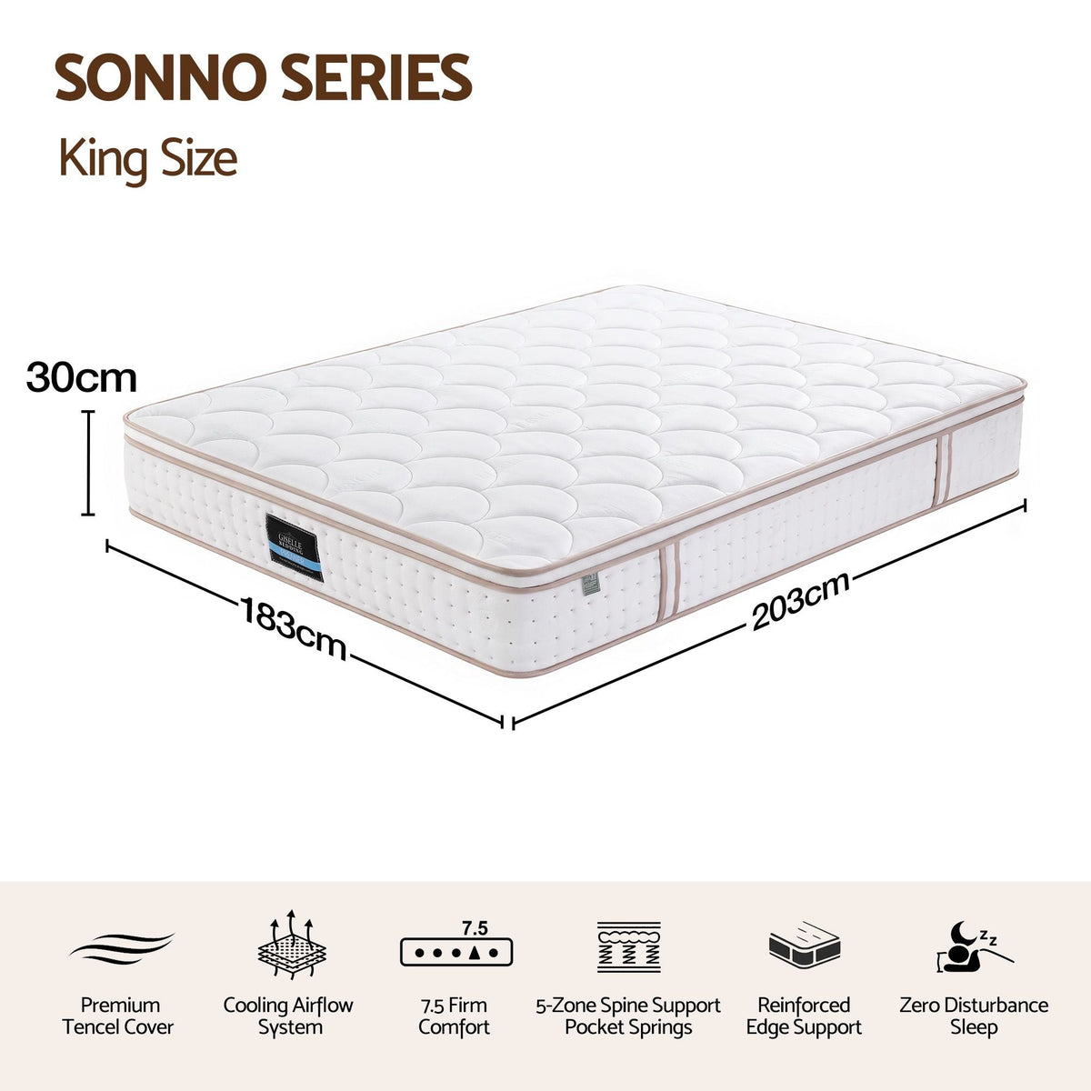 30cm King Spring Mattress with 5-Zone Firm Back Support and Tencel Cover - White - Furniture > Mattresses > King Size Mattress - Rivercity House & Home Co. (ABN 18 642 972 209) - Affordable Modern Furniture Australia