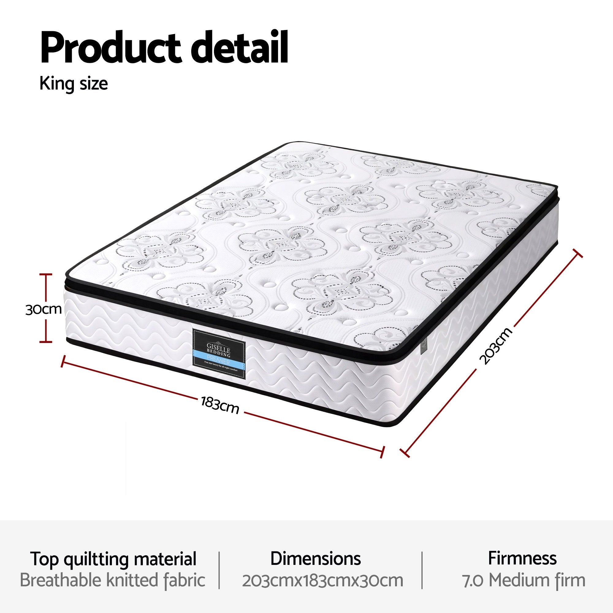 30cm Mattress Pocket Spring Medium Firm Foam Euro Top King - Furniture > Mattresses > King Size Mattress - Rivercity House & Home Co. (ABN 18 642 972 209) - Affordable Modern Furniture Australia