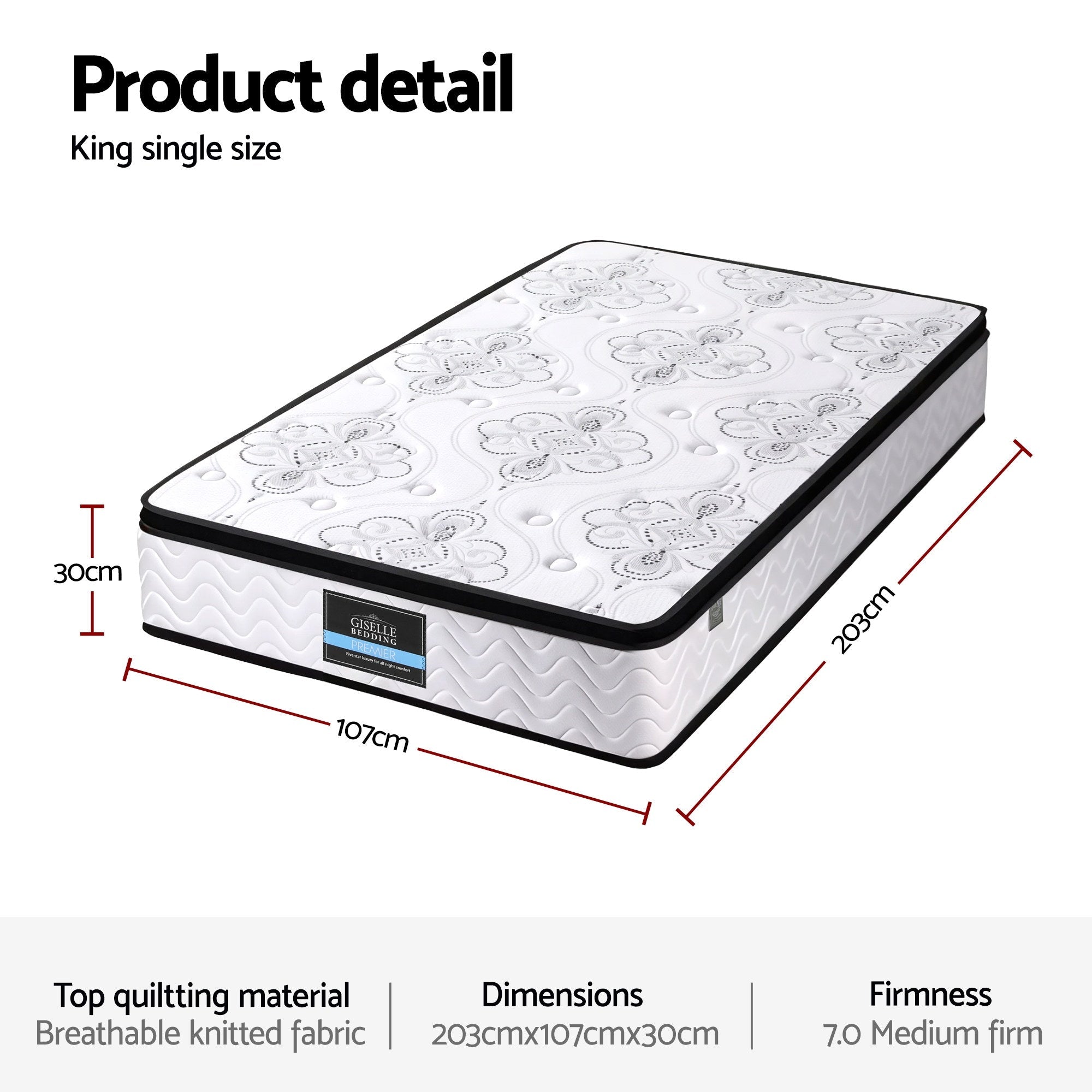 30cm Mattress Pocket Spring Medium Firm Foam Euro Top King Single - Furniture > Mattresses > King Single Mattress - Rivercity House & Home Co. (ABN 18 642 972 209) - Affordable Modern Furniture Australia