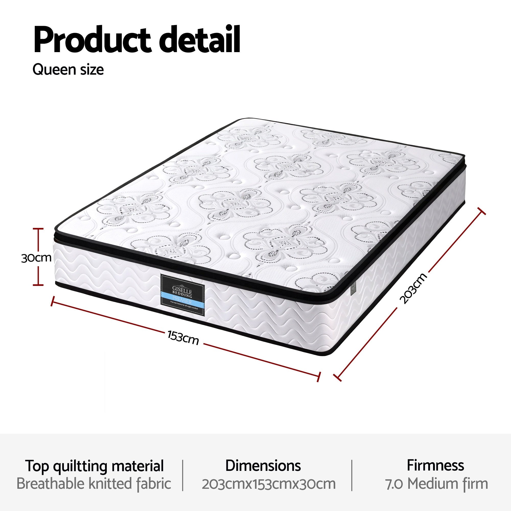 30cm Mattress Pocket Spring Medium Firm Foam Euro Top Queen - Furniture > Mattresses > Queen Mattress - Rivercity House & Home Co. (ABN 18 642 972 209) - Affordable Modern Furniture Australia