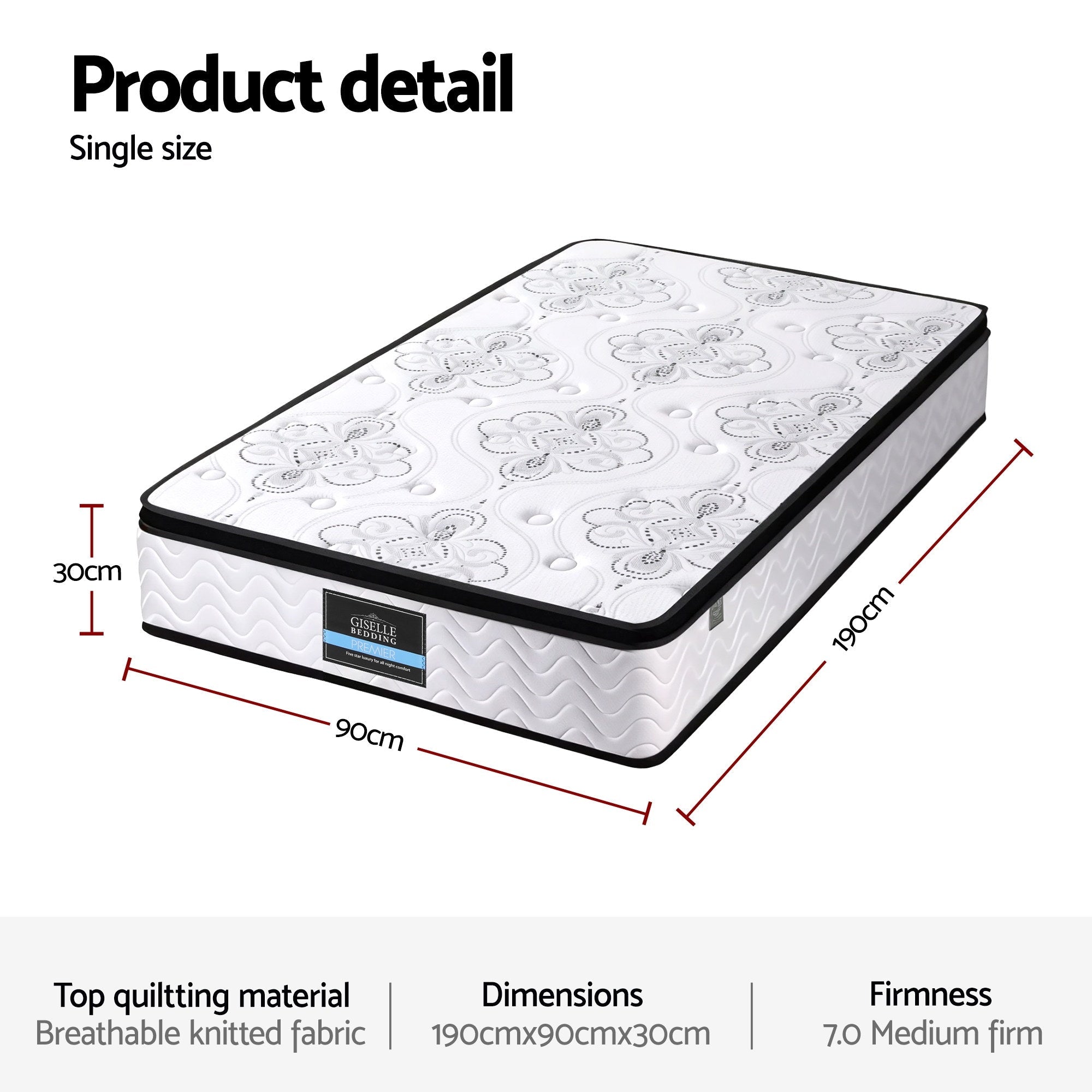 30cm Mattress Pocket Spring Medium Firm Foam Euro Top Single - Furniture > Mattresses > Single Mattress - Rivercity House & Home Co. (ABN 18 642 972 209) - Affordable Modern Furniture Australia