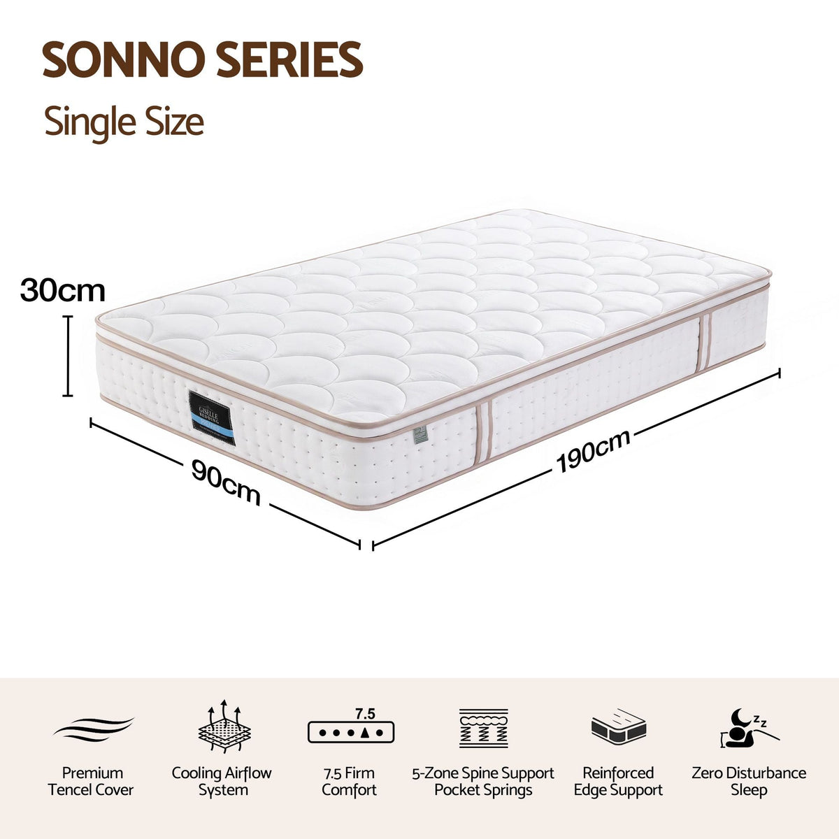 30cm Single 5-Zone Firm Spring Mattress with Tencel Cover - White - Furniture > Mattresses > Single Mattress - Rivercity House & Home Co. (ABN 18 642 972 209) - Affordable Modern Furniture Australia