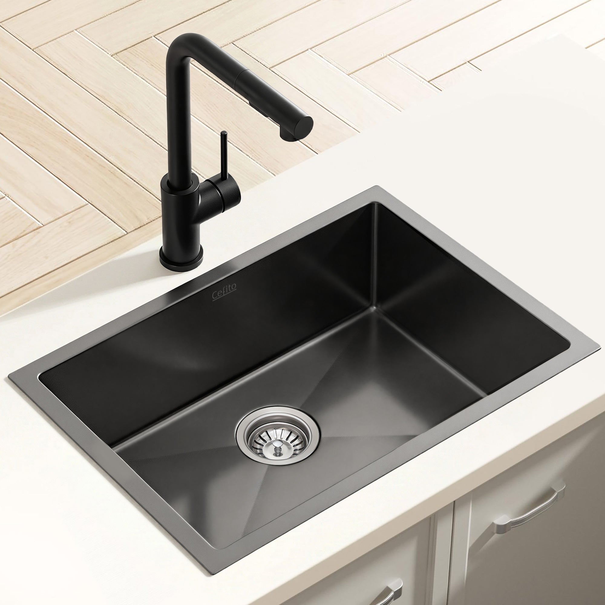 30x45cm Stainless Steel Single Bowl Kitchen Sink with Pull - Out Mixer Tap - Black - Furniture > Dining > Kitchen Sinks - Rivercity House & Home Co. (ABN 18 642 972 209) - Affordable Modern Furniture Australia