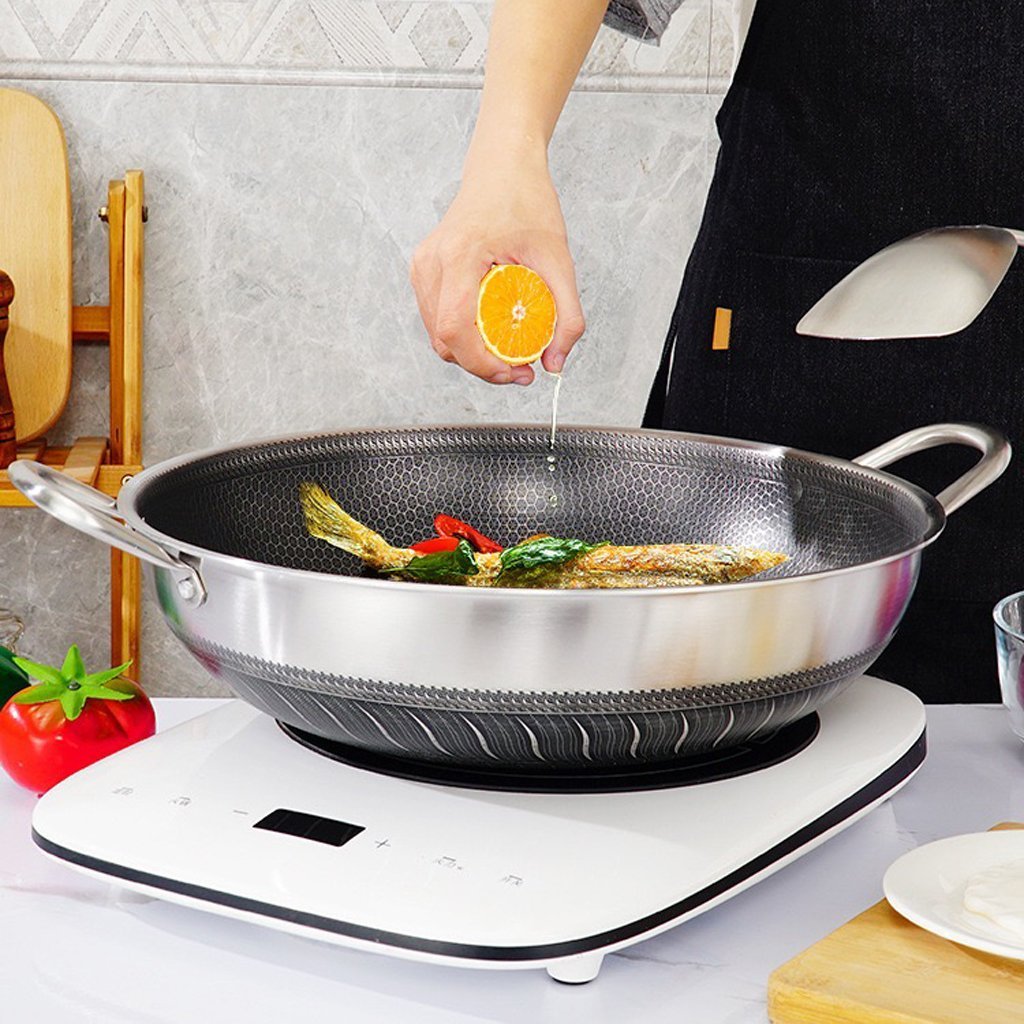 316 Stainless Steel 38cm Double Ear Non - Stick Stir Fry Cooking Kitchen Wok Pan without Lid Honeycomb Double Sided No Lid - Home & Garden > Kitchenware > Skillets & Frying Pans - Rivercity House & Home Co. (ABN 18 642 972 209) - Affordable Modern Furniture Australia