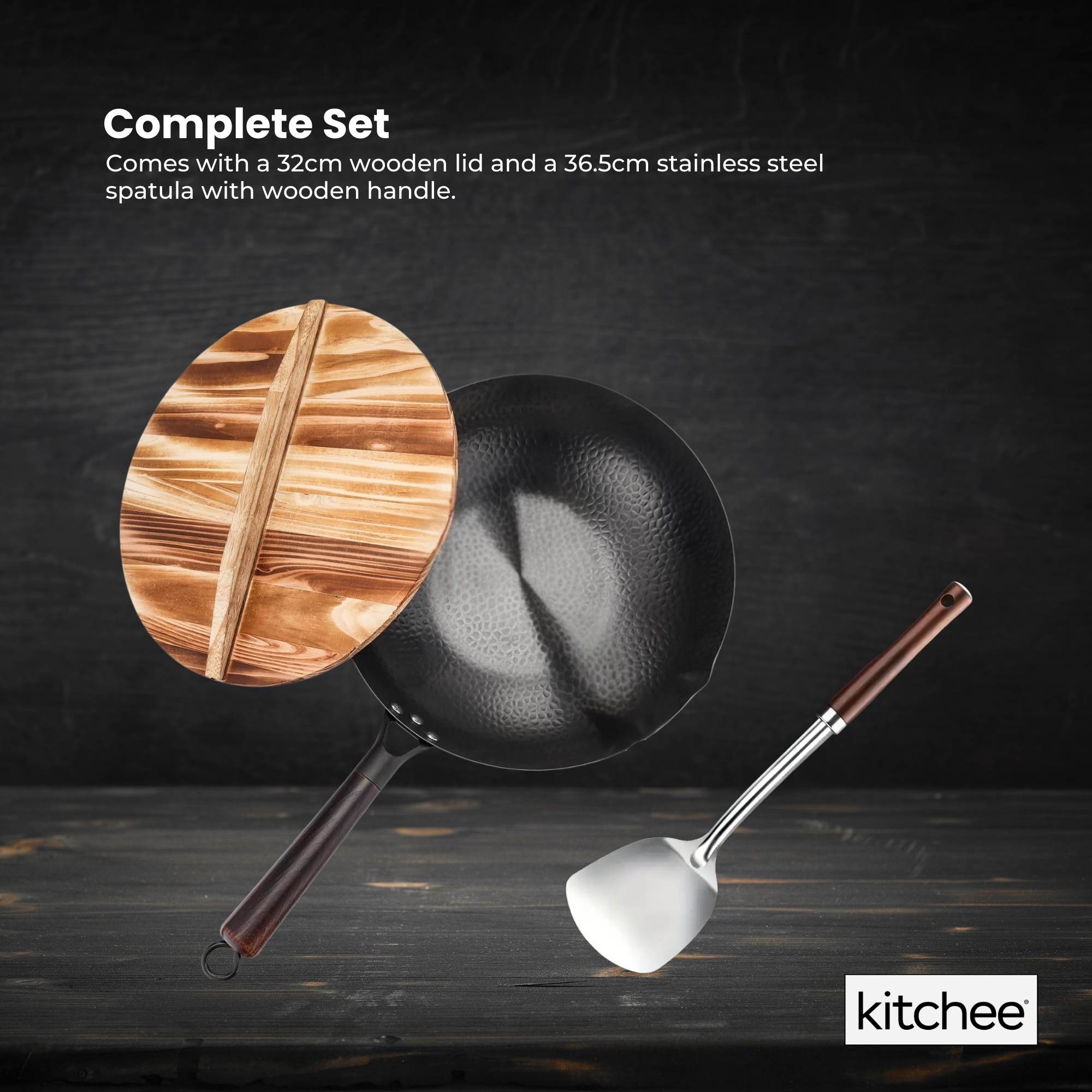 32cm Carbon Steel Wok Set Flat Bottom with Wood Lid + Spatula - Induction Ready - Home & Garden > Kitchenware > Skillets & Frying Pans - Rivercity House & Home Co. (ABN 18 642 972 209) - Affordable Modern Furniture Australia
