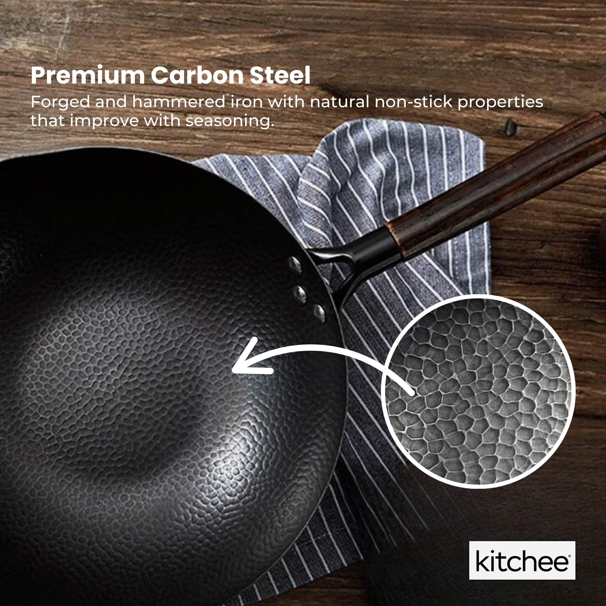 32cm Carbon Steel Wok Set Flat Bottom with Wood Lid + Spatula - Induction Ready - Home & Garden > Kitchenware > Skillets & Frying Pans - Rivercity House & Home Co. (ABN 18 642 972 209) - Affordable Modern Furniture Australia