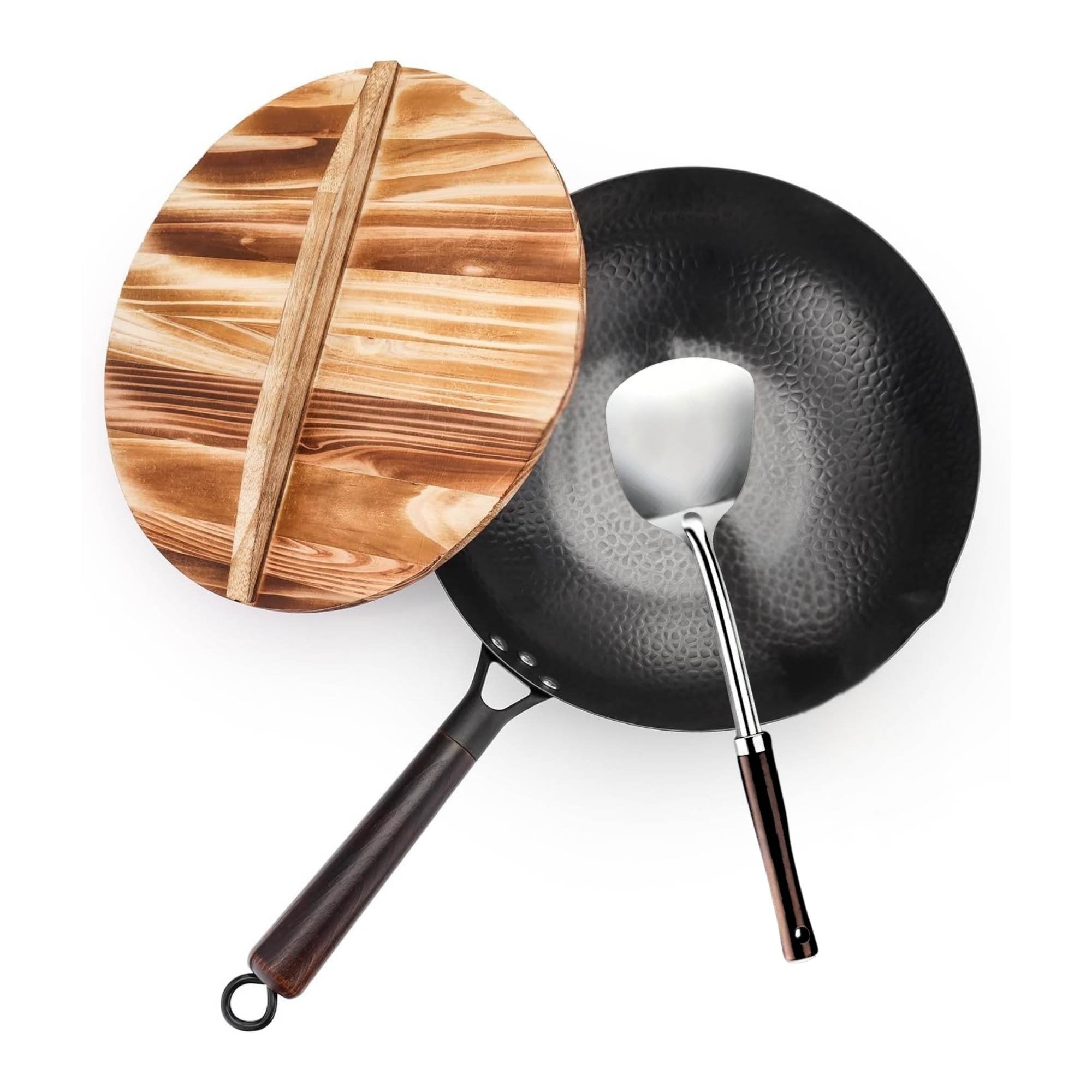 32cm Carbon Steel Wok Set Flat Bottom with Wood Lid + Spatula - Induction Ready - Home & Garden > Kitchenware > Skillets & Frying Pans - Rivercity House & Home Co. (ABN 18 642 972 209) - Affordable Modern Furniture Australia