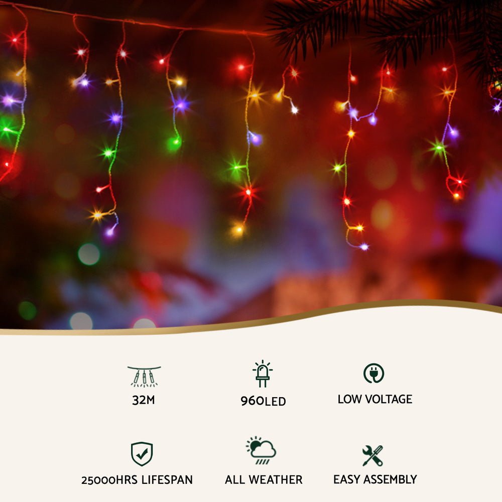 32M Christmas Lights Icicle String Light 960 LED Multi - coloured - Occasions > Christmas > Outdoor Decorations & Lights - Rivercity House & Home Co. (ABN 18 642 972 209) - Affordable Modern Furniture Australia