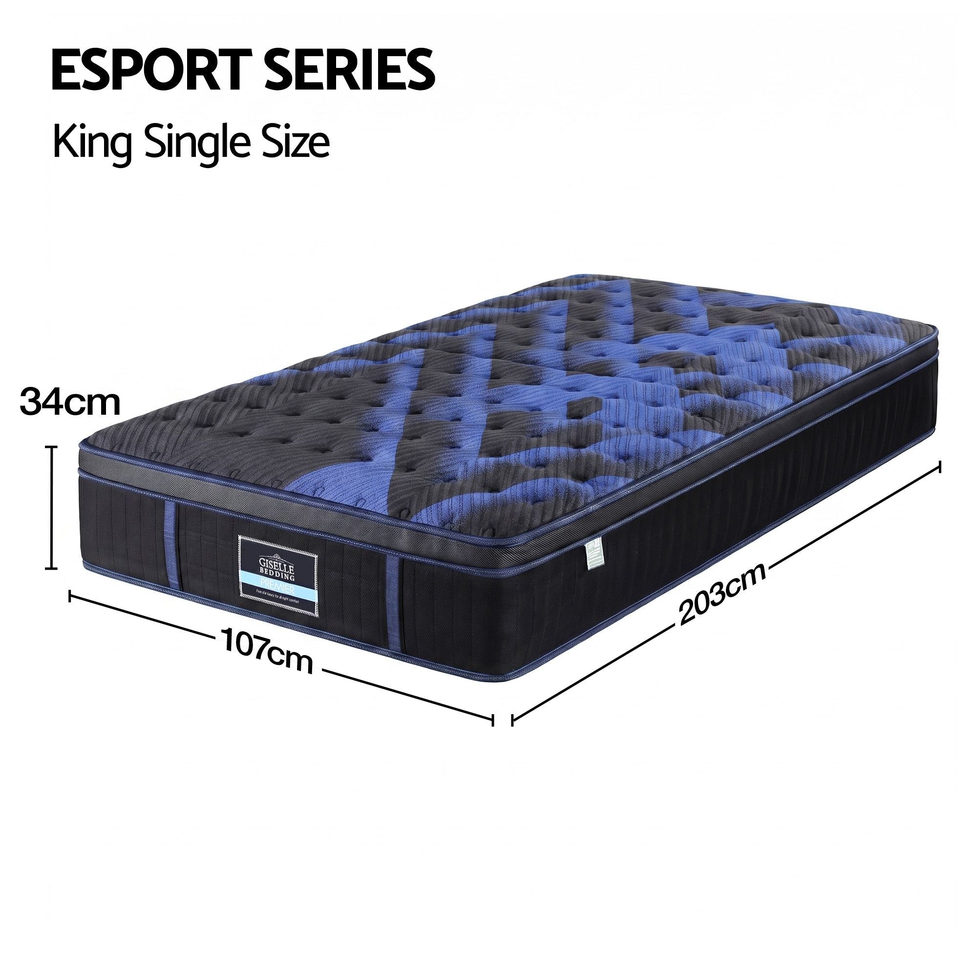 34cm King Single Hybrid Mattress with Cooling Gel Memory Foam and Edge Support - Black & Blue - Furniture > Mattresses > King Single Mattress - Rivercity House & Home Co. (ABN 18 642 972 209) - Affordable Modern Furniture Australia