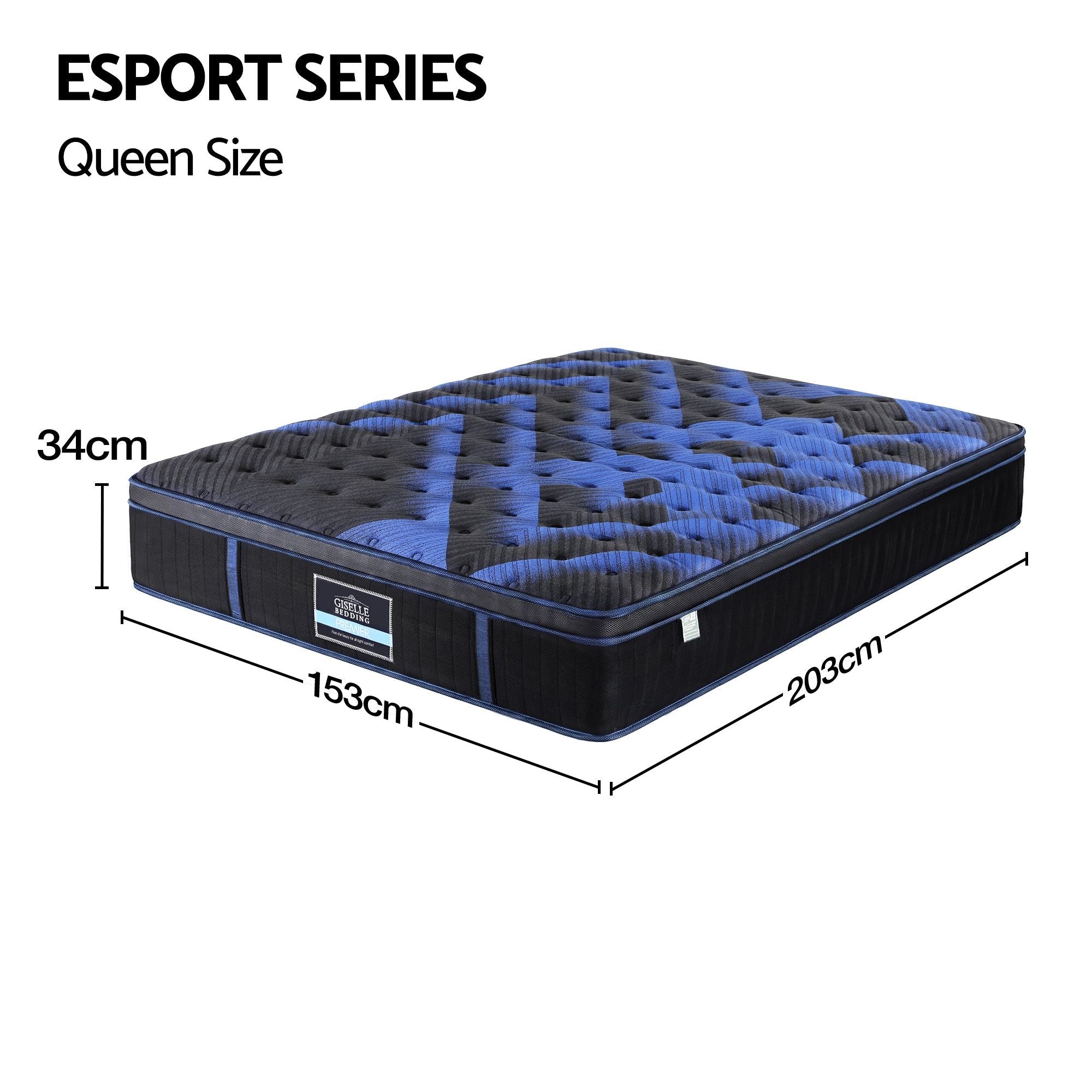 34cm Queen Hybrid Mattress with Cooling Gel Memory Foam and Edge Support - Black & Blue - Furniture > Mattresses > Queen Mattress - Rivercity House & Home Co. (ABN 18 642 972 209) - Affordable Modern Furniture Australia