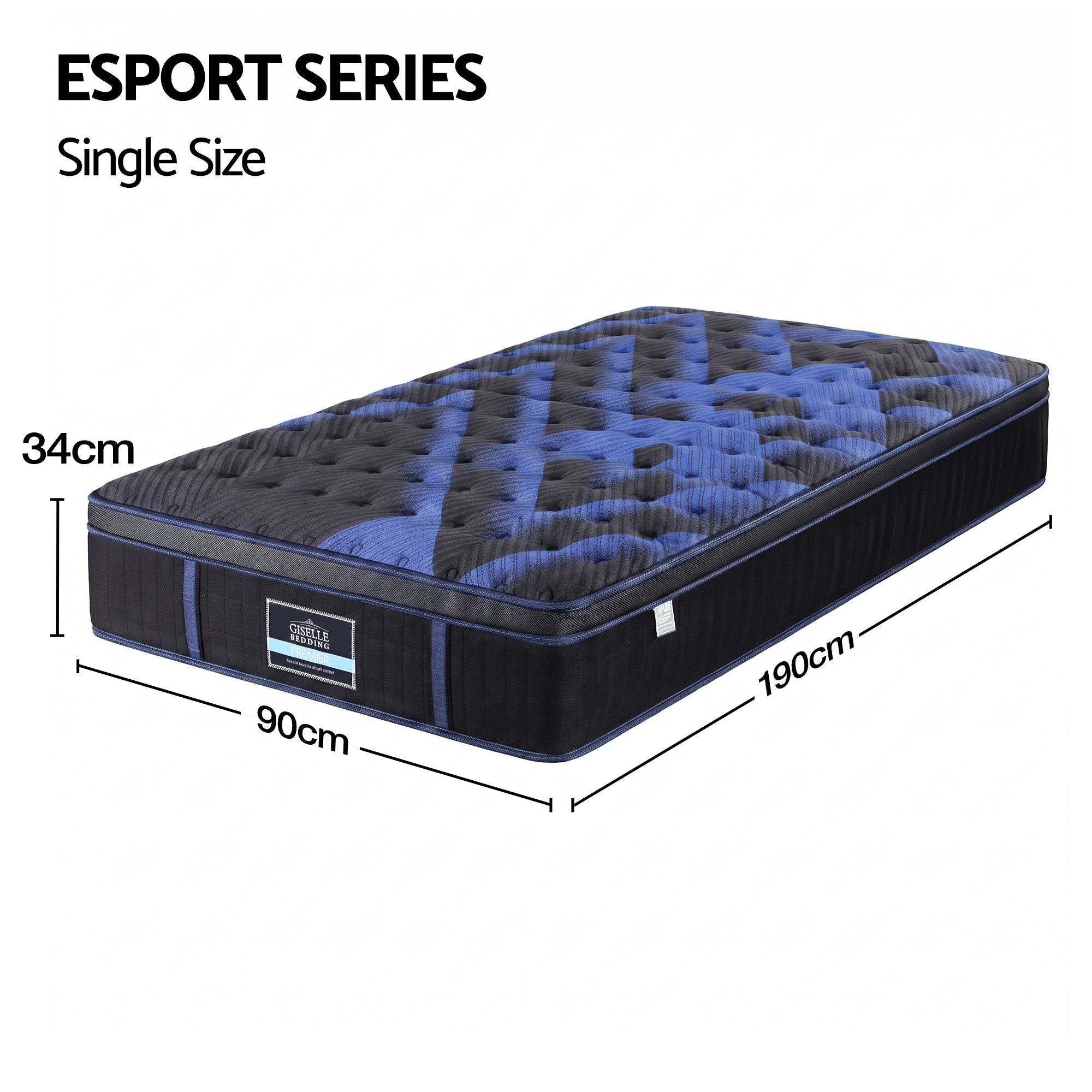 34cm Single Hybrid Mattress with Cooling Gel Memory Foam and Edge Support - Black & Blue - Furniture > Mattresses > Single Mattress - Rivercity House & Home Co. (ABN 18 642 972 209) - Affordable Modern Furniture Australia
