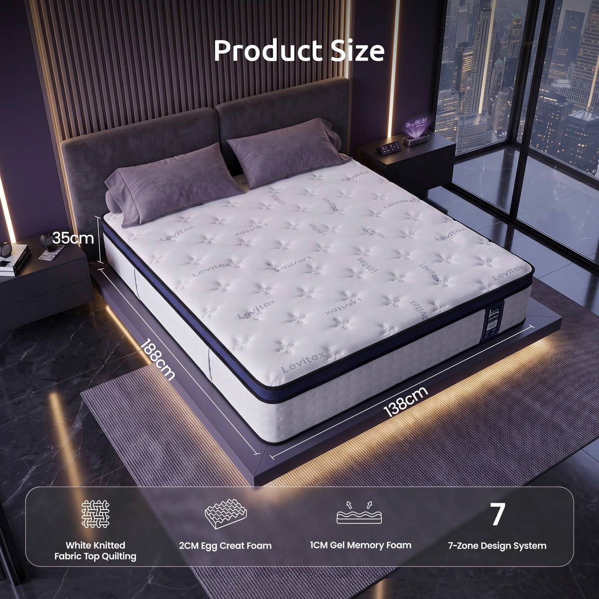 35cm Double Gel Memory Foam Mattress with 7-Zone Ergonomic Pocket Springs and Triple Cooling System - White - Furniture > Mattresses > Double Mattress - Rivercity House & Home Co. (ABN 18 642 972 209) - Affordable Modern Furniture Australia