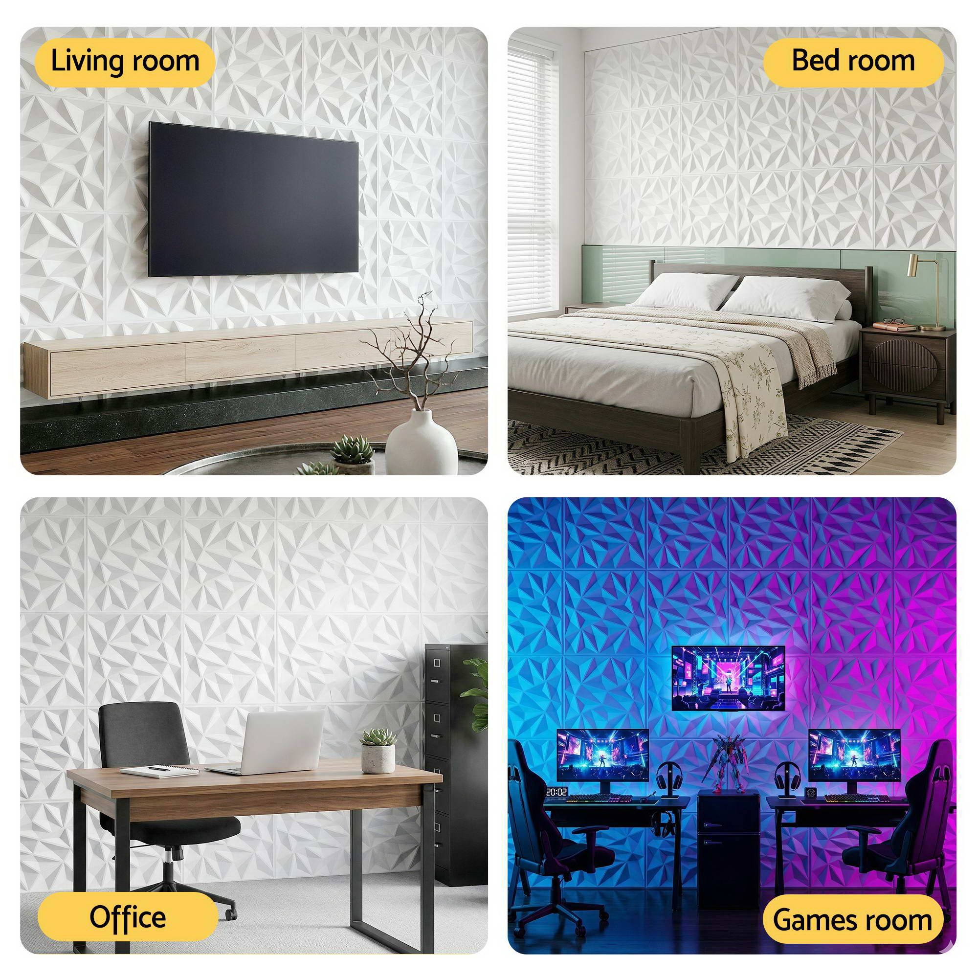 3D Diamond PVC Wall Panels 50x50cm Set of 15 - White - Home & Garden > Decor > Wallpaper - Rivercity House & Home Co. (ABN 18 642 972 209) - Affordable Modern Furniture Australia