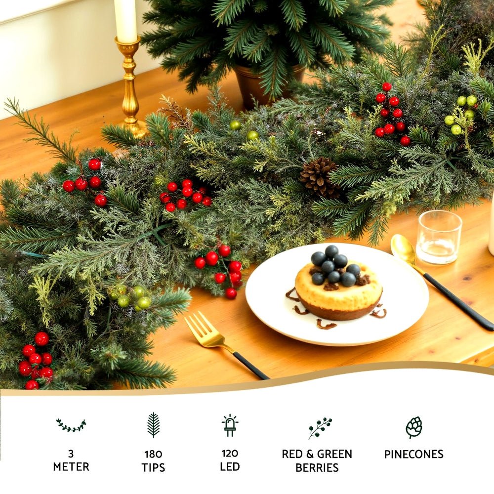 3M Christmas Garland Pre - lit LED with Pine Cones Xmas Decor Green - Occasions > Christmas > Christmas Wreaths & Garlands - Rivercity House & Home Co. (ABN 18 642 972 209) - Affordable Modern Furniture Australia