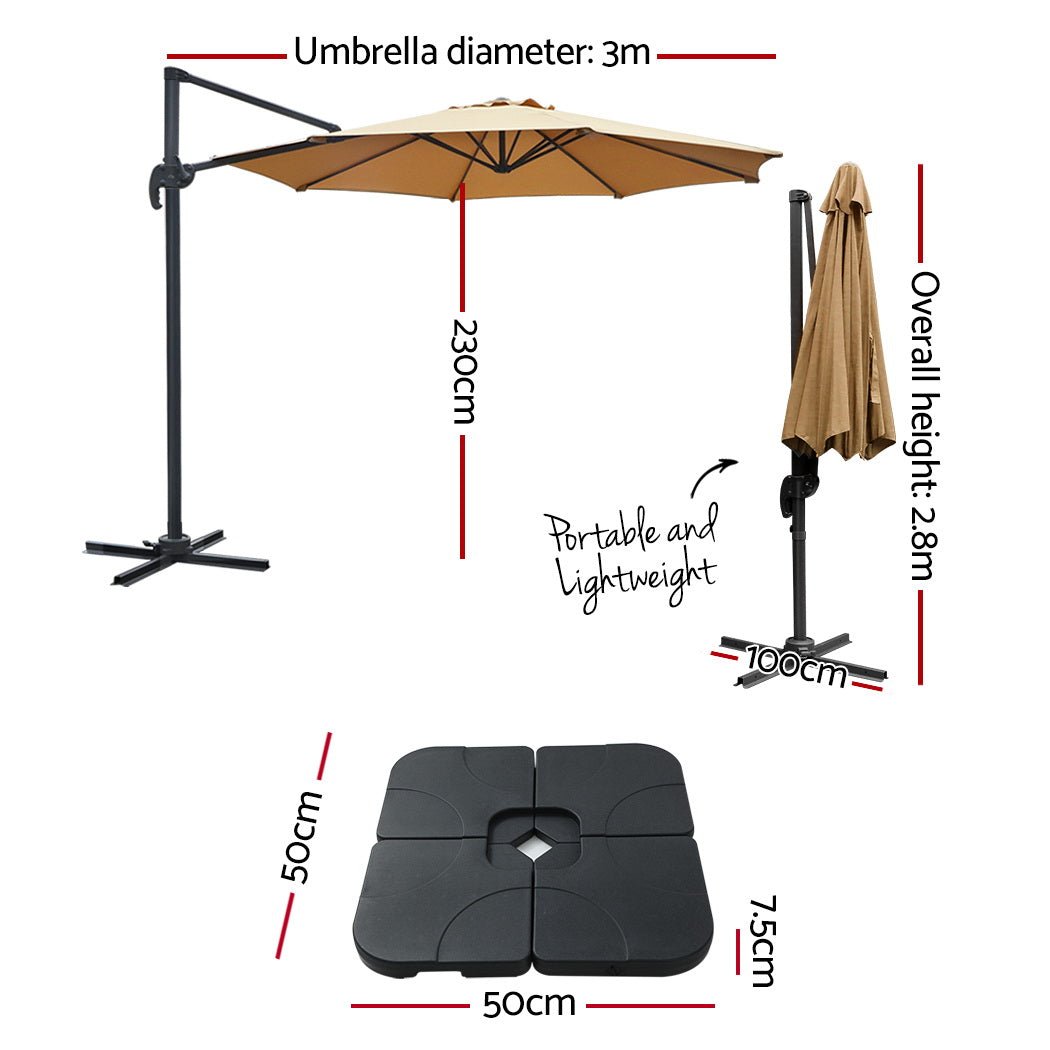 3m Outdoor Umbrella w/Base Cantilever Beach Roma 360 Degree Tilt Beige - Home & Garden > Shading > Umbrellas & Sunshades - Rivercity House & Home Co. (ABN 18 642 972 209) - Affordable Modern Furniture Australia