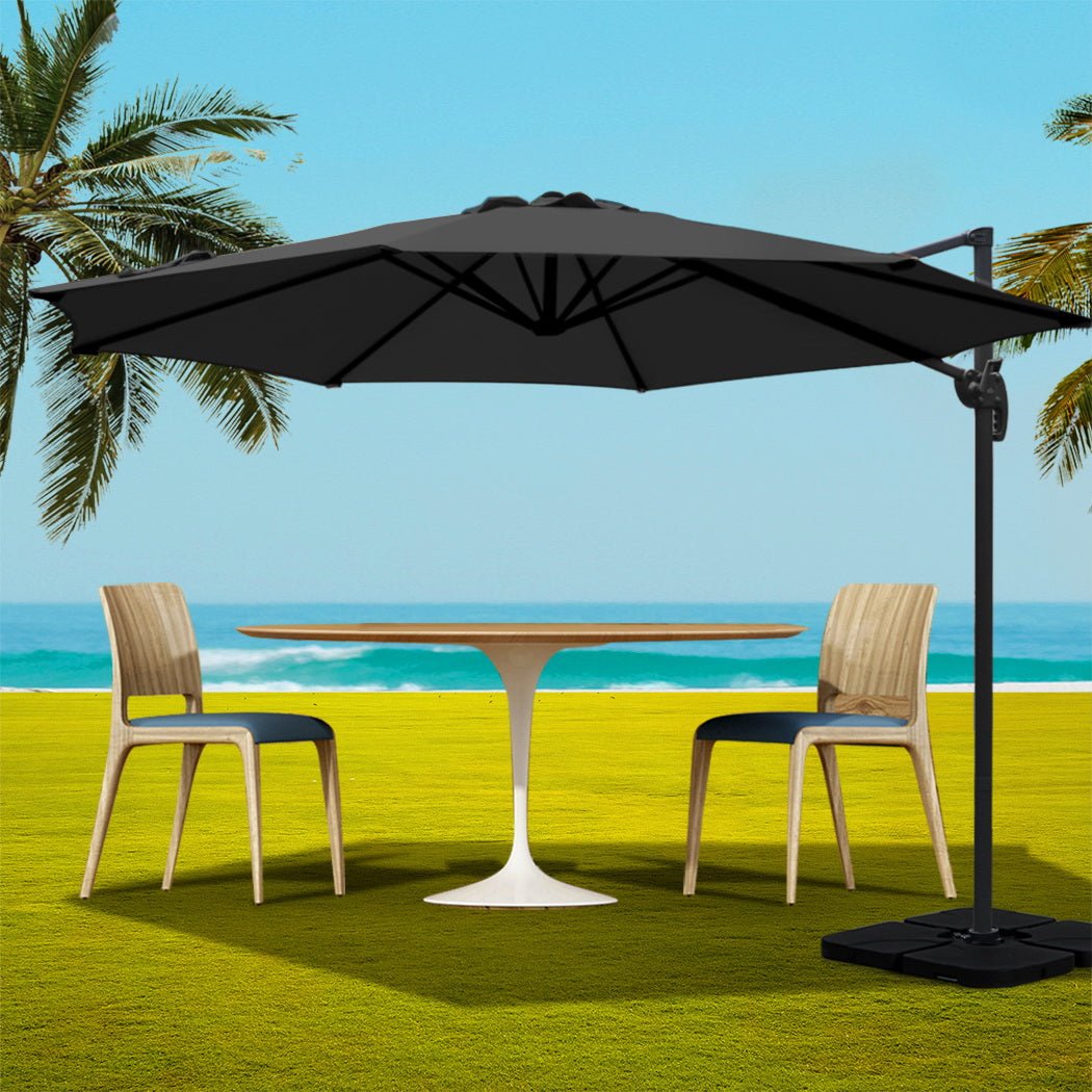 3m Outdoor Umbrella w/Base Cantilever Beach Roma 360 Degree Tilt Black - Home & Garden > Shading > Umbrellas & Sunshades - Rivercity House & Home Co. (ABN 18 642 972 209) - Affordable Modern Furniture Australia