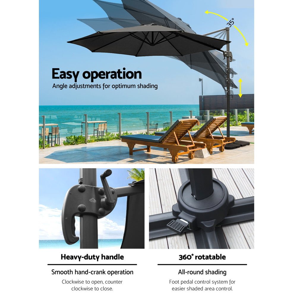 3m Outdoor Umbrella w/Base Cantilever Beach Roma 360 Degree Tilt Black - Home & Garden > Shading > Umbrellas & Sunshades - Rivercity House & Home Co. (ABN 18 642 972 209) - Affordable Modern Furniture Australia