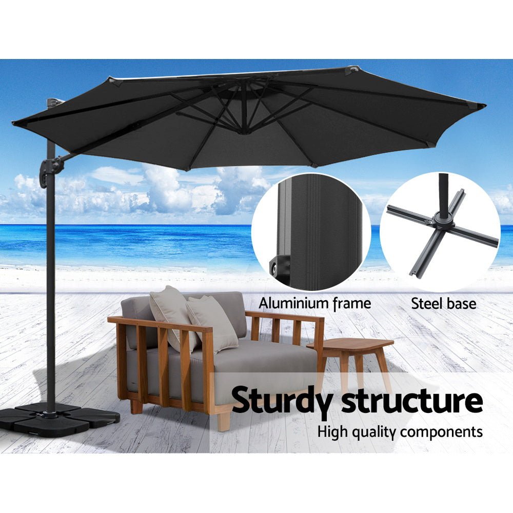 3m Outdoor Umbrella w/Base Cantilever Beach Roma 360 Degree Tilt Black - Home & Garden > Shading > Umbrellas & Sunshades - Rivercity House & Home Co. (ABN 18 642 972 209) - Affordable Modern Furniture Australia
