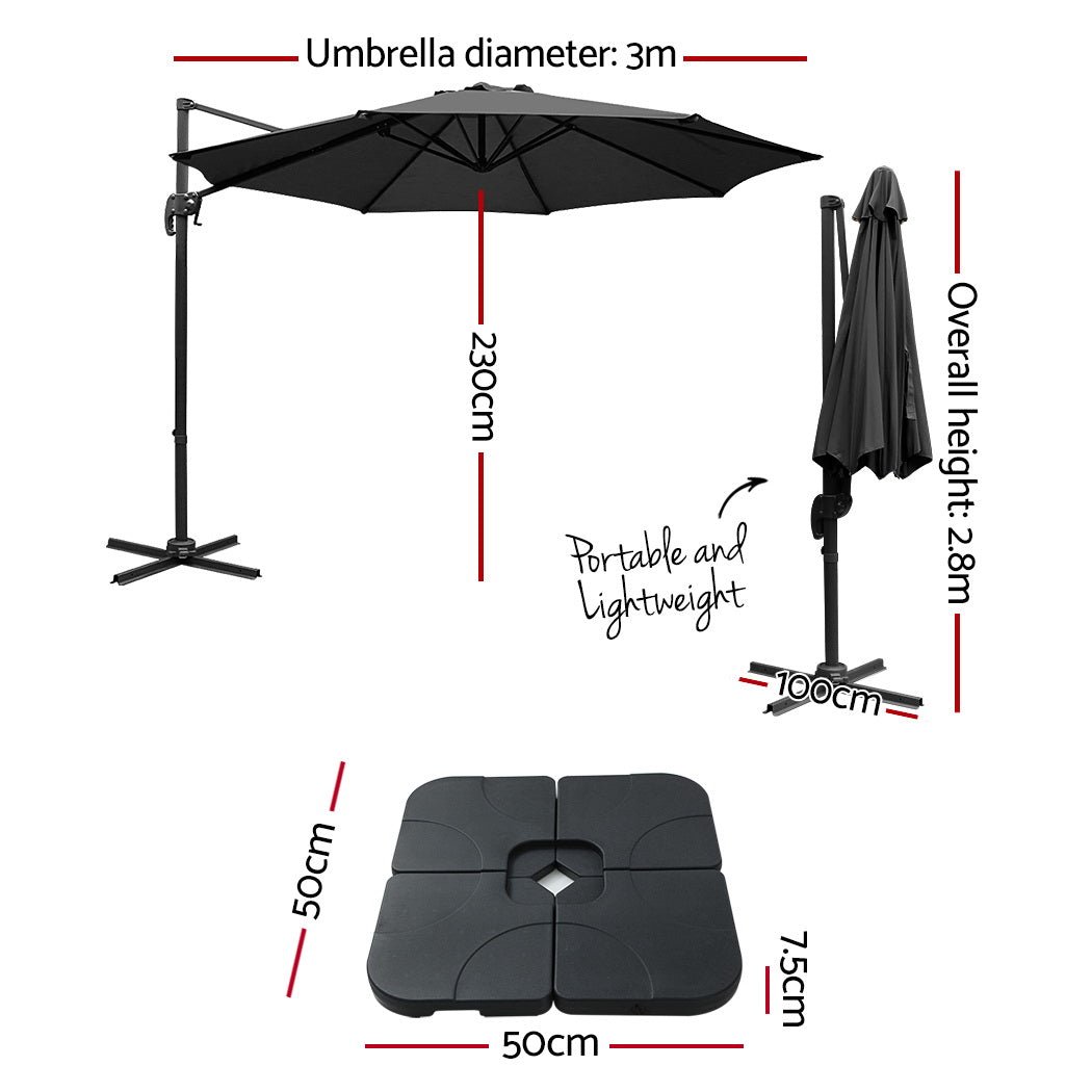 3m Outdoor Umbrella w/Base Cantilever Beach Roma 360 Degree Tilt Black - Home & Garden > Shading > Umbrellas & Sunshades - Rivercity House & Home Co. (ABN 18 642 972 209) - Affordable Modern Furniture Australia