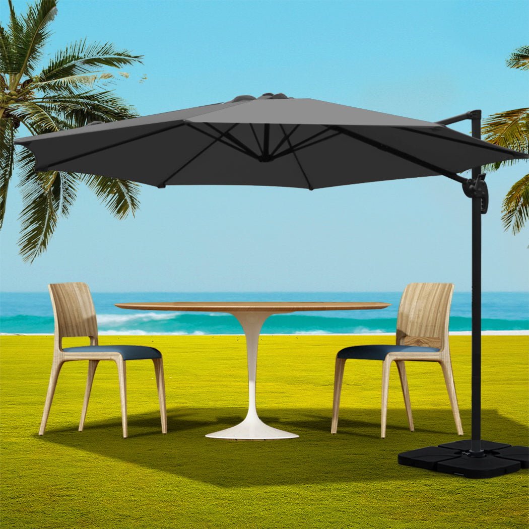 3m Outdoor Umbrella w/Base Cantilever Beach Roma 360 Degree Tilt Charcoal - Home & Garden > Shading > Umbrellas & Sunshades - Rivercity House & Home Co. (ABN 18 642 972 209) - Affordable Modern Furniture Australia
