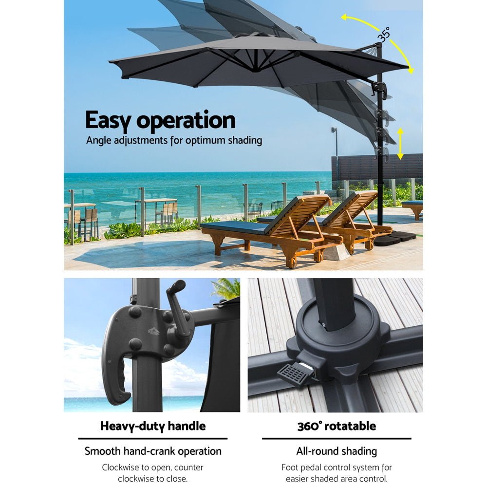 3m Outdoor Umbrella w/Base Cantilever Beach Roma 360 Degree Tilt Charcoal - Home & Garden > Shading > Umbrellas & Sunshades - Rivercity House & Home Co. (ABN 18 642 972 209) - Affordable Modern Furniture Australia