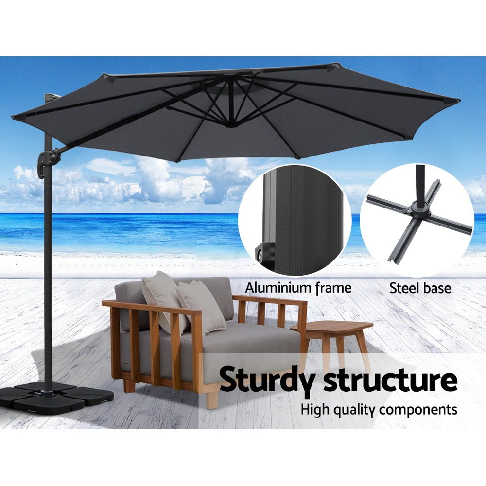 3m Outdoor Umbrella w/Base Cantilever Beach Roma 360 Degree Tilt Charcoal - Home & Garden > Shading > Umbrellas & Sunshades - Rivercity House & Home Co. (ABN 18 642 972 209) - Affordable Modern Furniture Australia